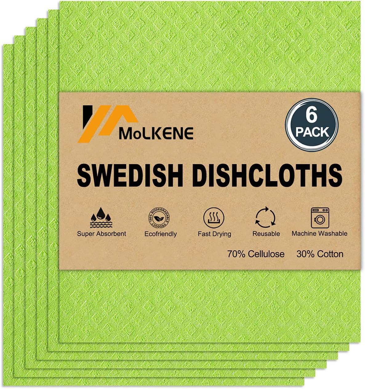 MoLKENE Swedish Dishcloths for Kitchen | 10 Pack Absorbent Cellulose Sponge Cloths Washable | Non-Scratch Reusable Paper Towels Quick Drying Cleaning Rag - Grey
