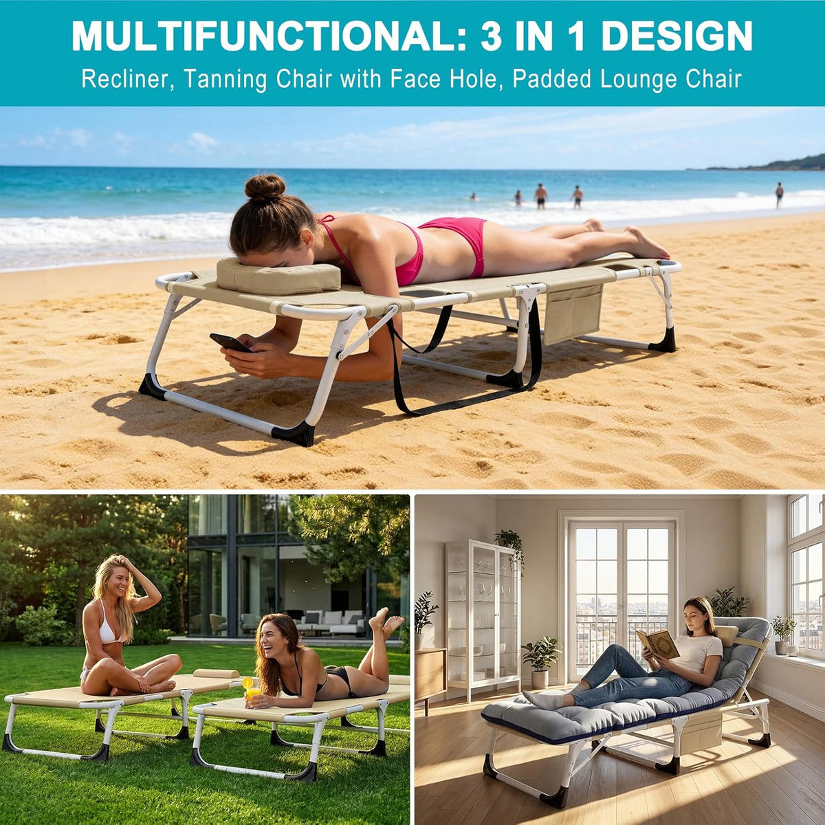 ABORON 3 in 1 Sun Tanning Chair Oversized with Mat&Face Arm Hole, Heavy Duty Folding Chaise Lounge Chairs, 5-Position Outdoor Lounge Chair/Pillow, for Beach, Pool, Lawn, Yard, Patio