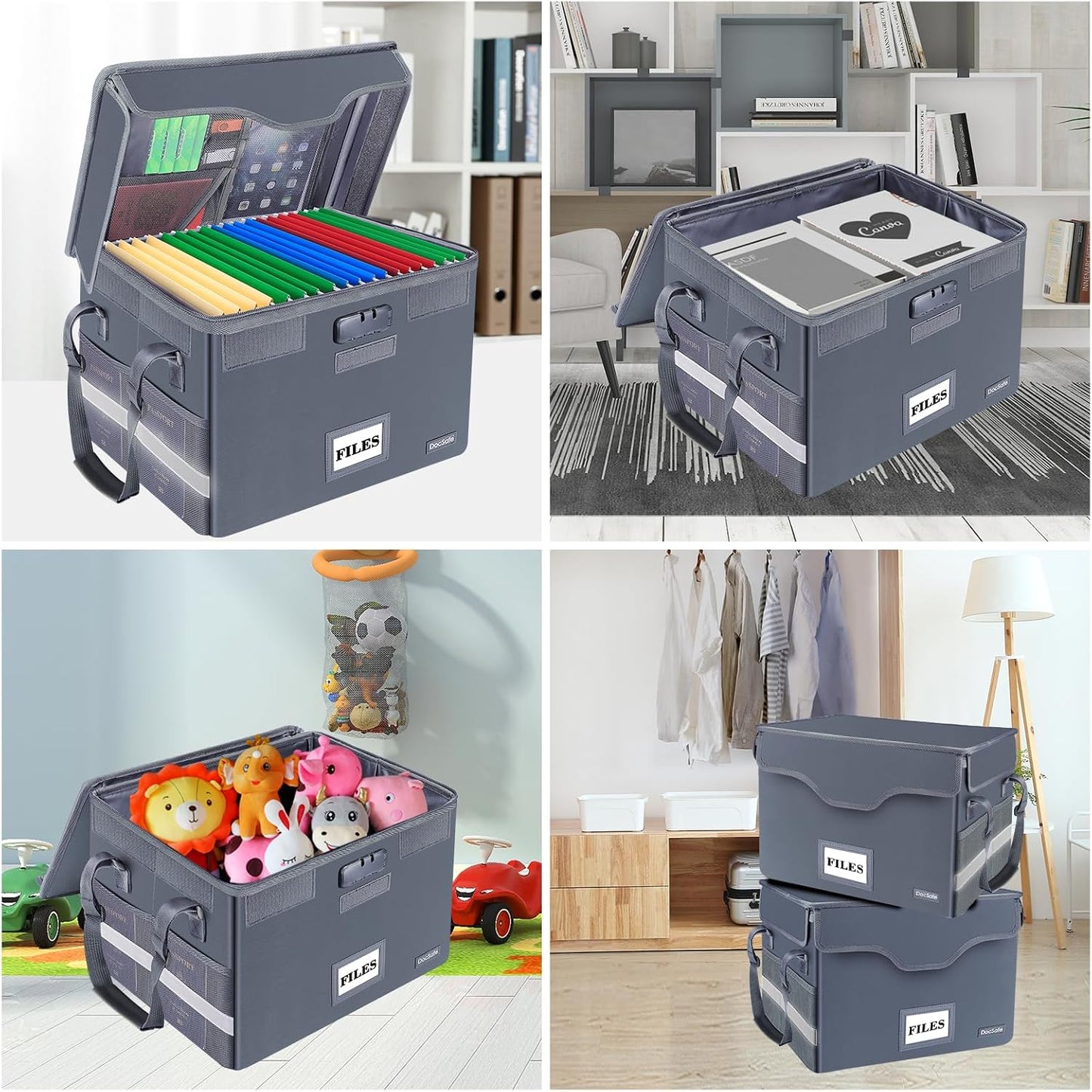 DocSafe Fireproof Document Box with Lock,File Storage Organizer with Zipper Pockets,Collapsible Portable File Box Home Office Safe Filing Cabinet with Handle for Hanging Letter/Legal Folders,Gray