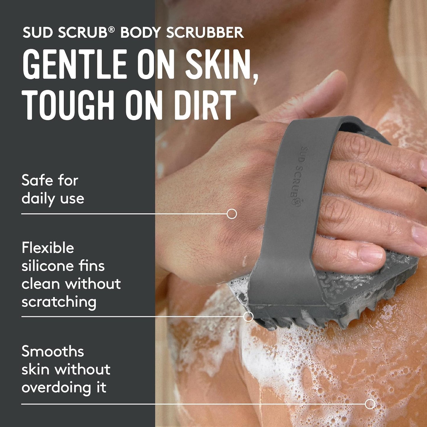 Sud Scrub® Antimicrobial Silicone Body Scrubber, Exfoliating Body Brush for Sensitive Skin, Antibacterial Shower Scrubber for Body, Bathroom Essentials for Men & Women, Charcoal