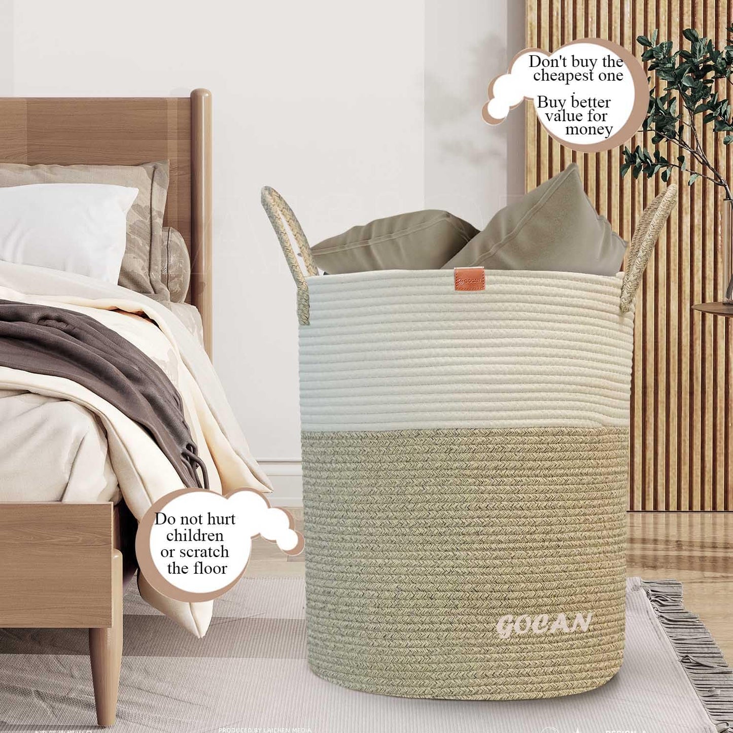 GOCAN large tall sturdier Laundry Hamper Basket Woven Storage Baskets for clothes Pillows Blanket Toy in living or bed room decoration H50XD38cm borwn/beige