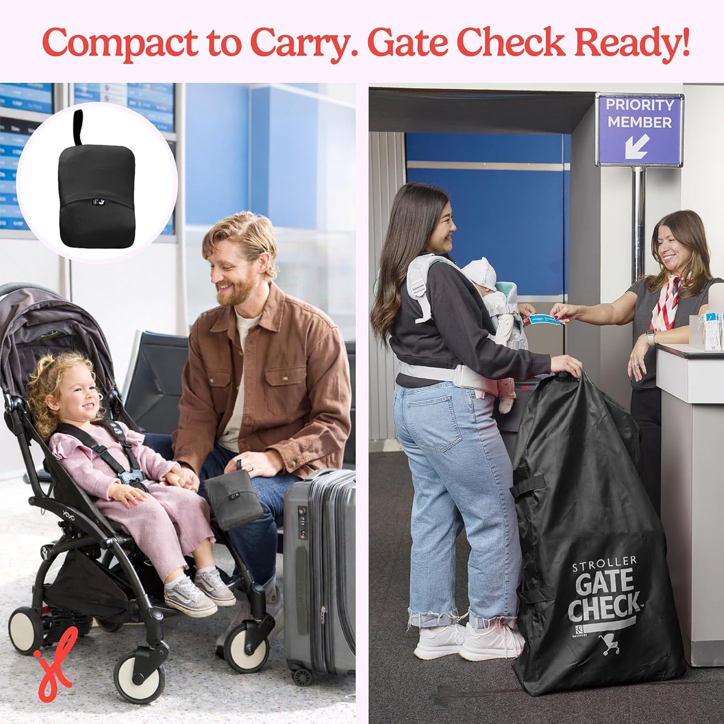 J.L. Childress Gate Check Bag for Single & Some Double Strollers - Travel Bag for Airplane, Fits Most Standard Baby Strollers, Airport Accessories Gate Check, Flying Essentials - Black