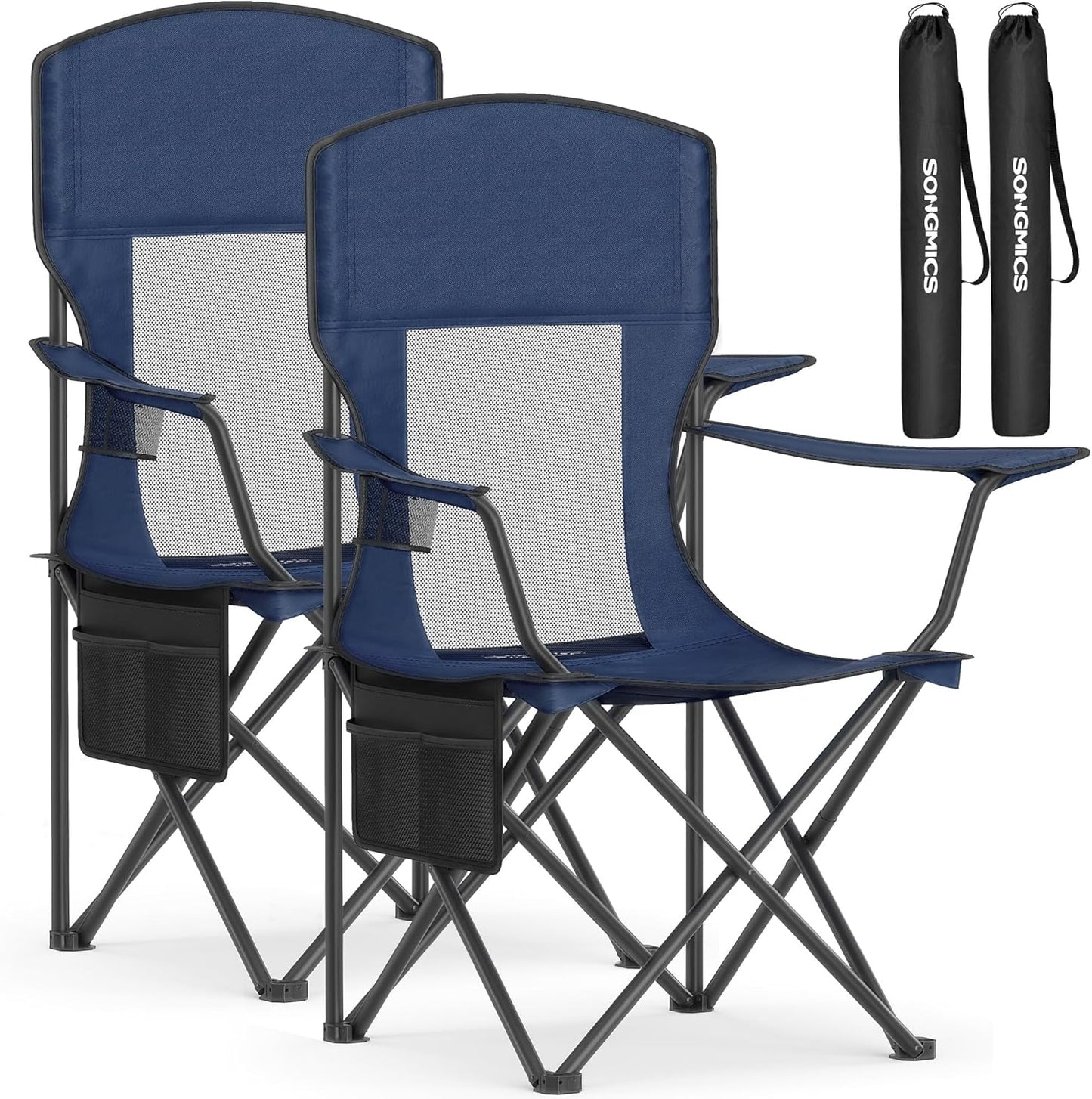 SONGMICS Camping Chair, Folding Oversized Chair, Comfortable and Heavy-Duty, 352 lb Weight Capacity, Adjustable Armrests with Cooler Bag, Storage Bag, Breathable Mesh, Slate Gray UGCB060G01