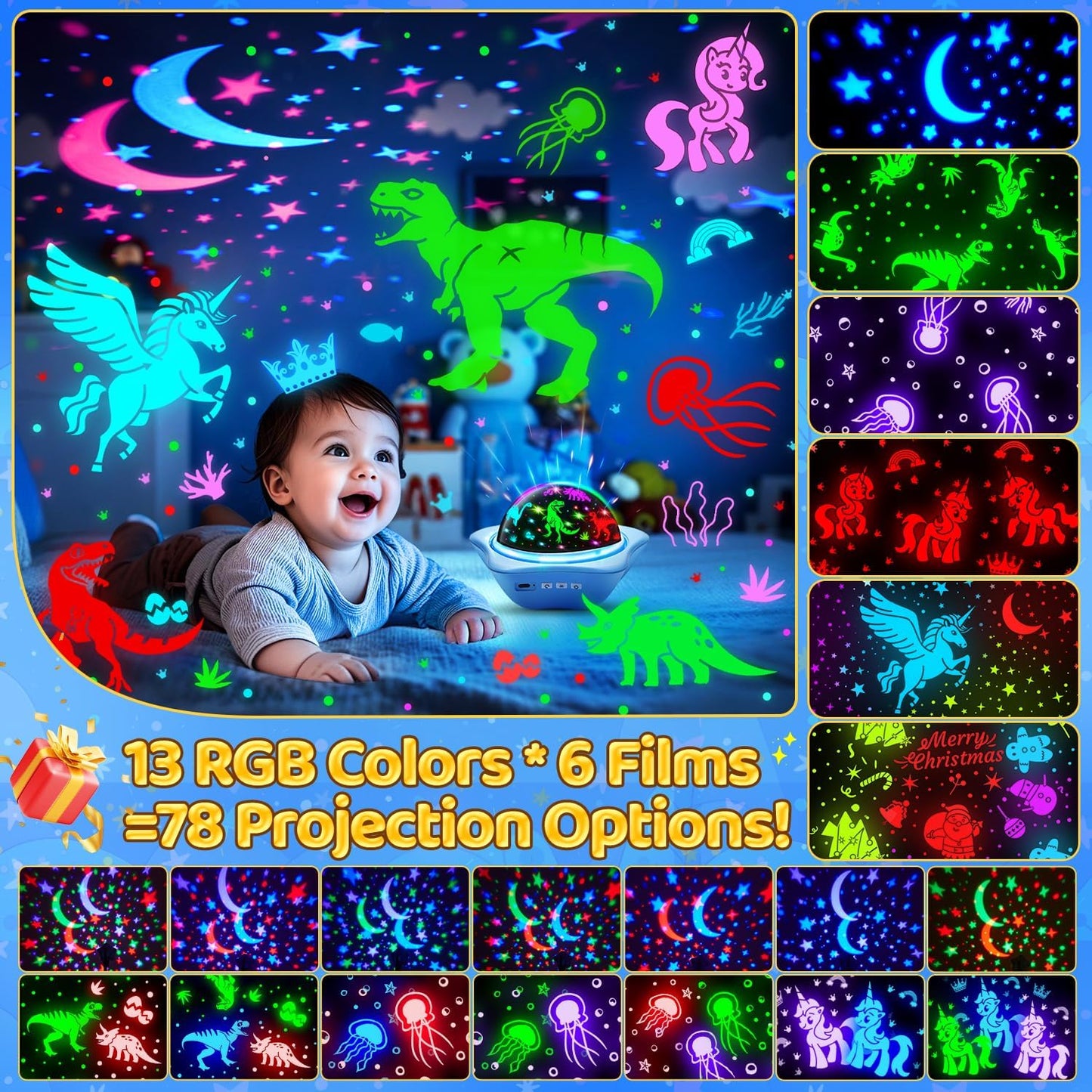 One Fire Night Light for Kids Toys,6 Films+78 Lighting Modes Star Projector,Rechargeable Night Light Projector,360°Rotion Star Lights for Bedroom Decor,Birthday Gifts for Kids Baby Sensory Toys Autism