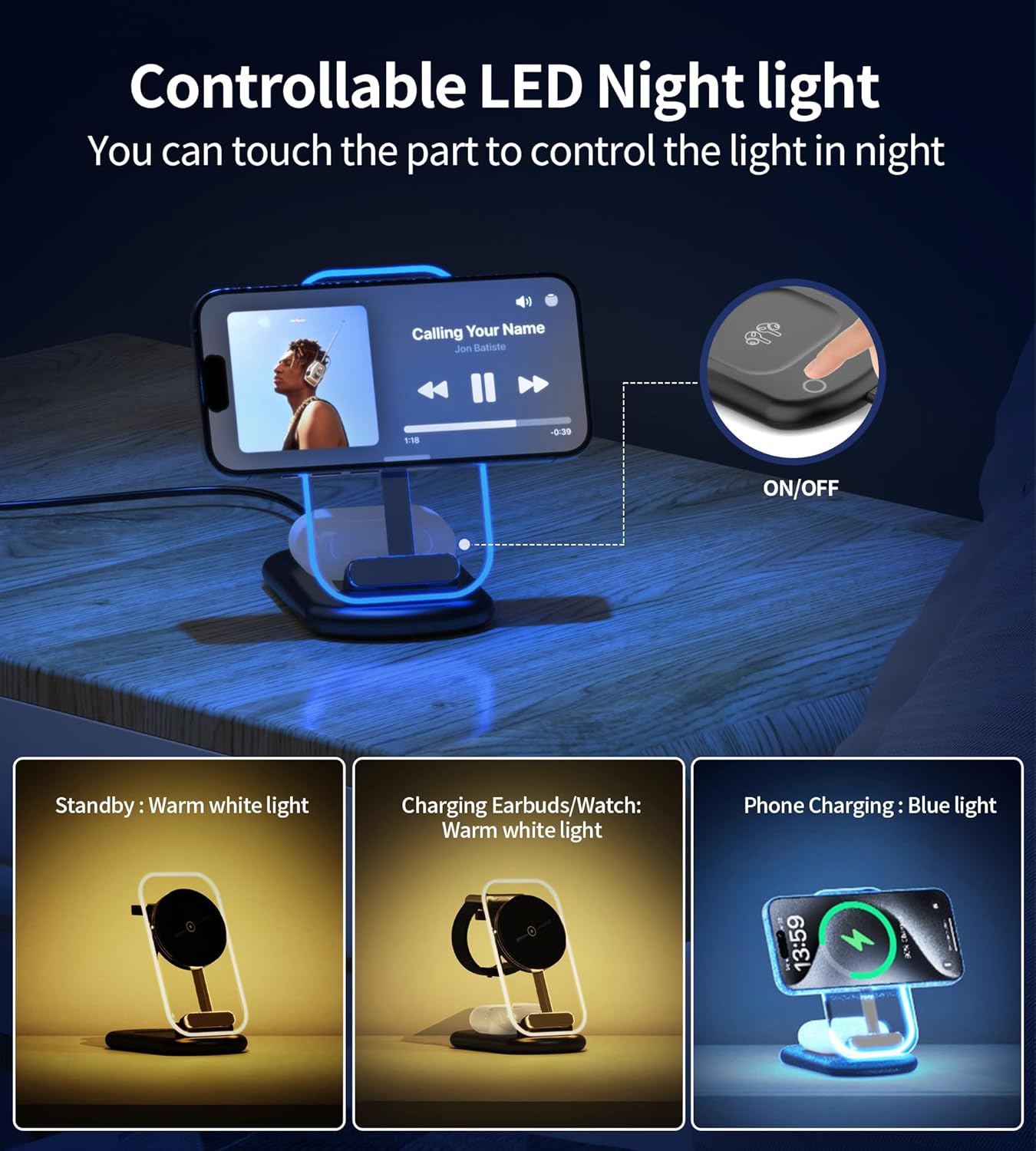 3 in 1 Magnetic Wireless Charging Station for Apple Devices, Fast Foldable Travel Mag-Safe Charger Stand with Night Light for iPhone 17 16 15 14 13 12 Series, Apple Watch/AirPods Pro-Gift for Friends