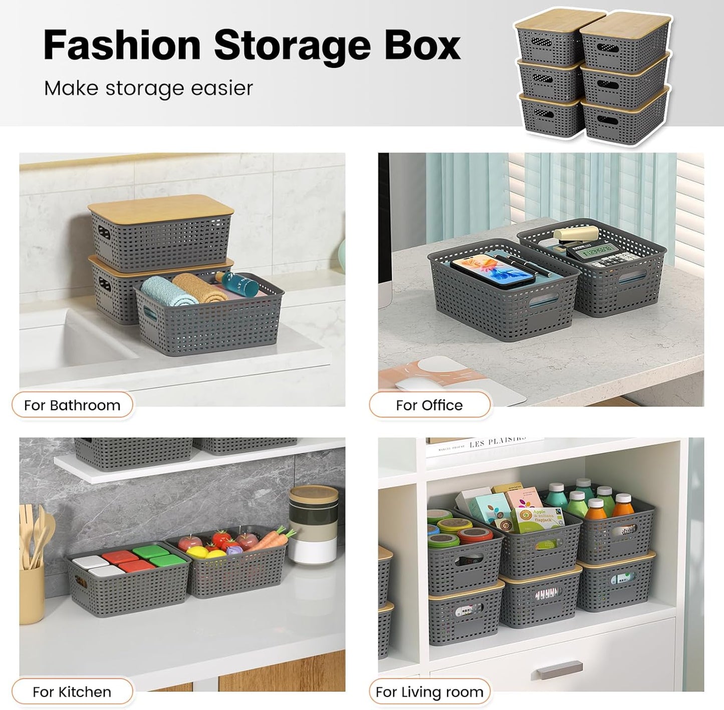 Ohmlove 6 Pack Plastic Storage Baskets with Bamboo Lids for Organization