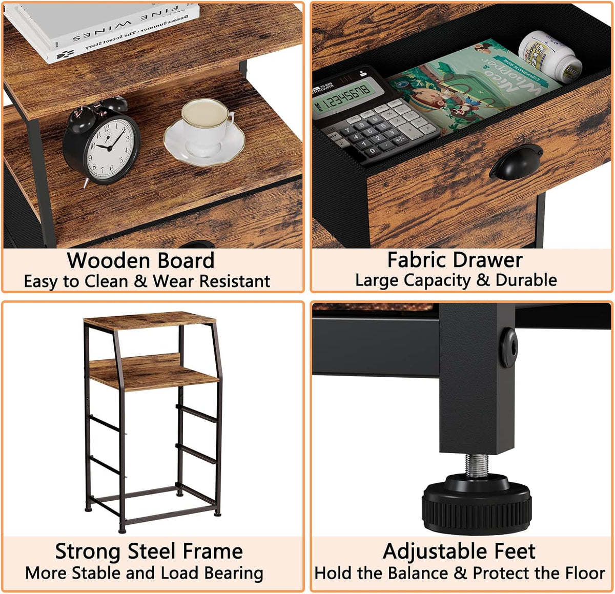 Furnulem Nightstand with 3 Fabric Drawers, Small Bedroom Storage Cabinet