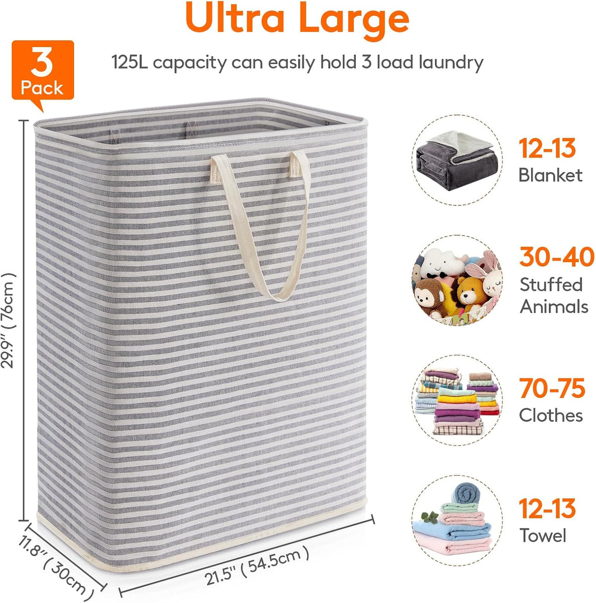 Lifewit 125L Large Laundry Baskets, 3 Pack, Reinforced Handles, Grey