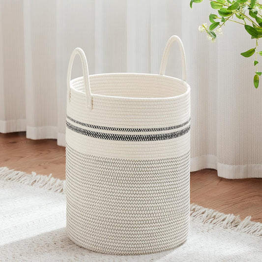 VIPOSCO 53L Tall Woven Laundry Basket Hamper, Stripe White