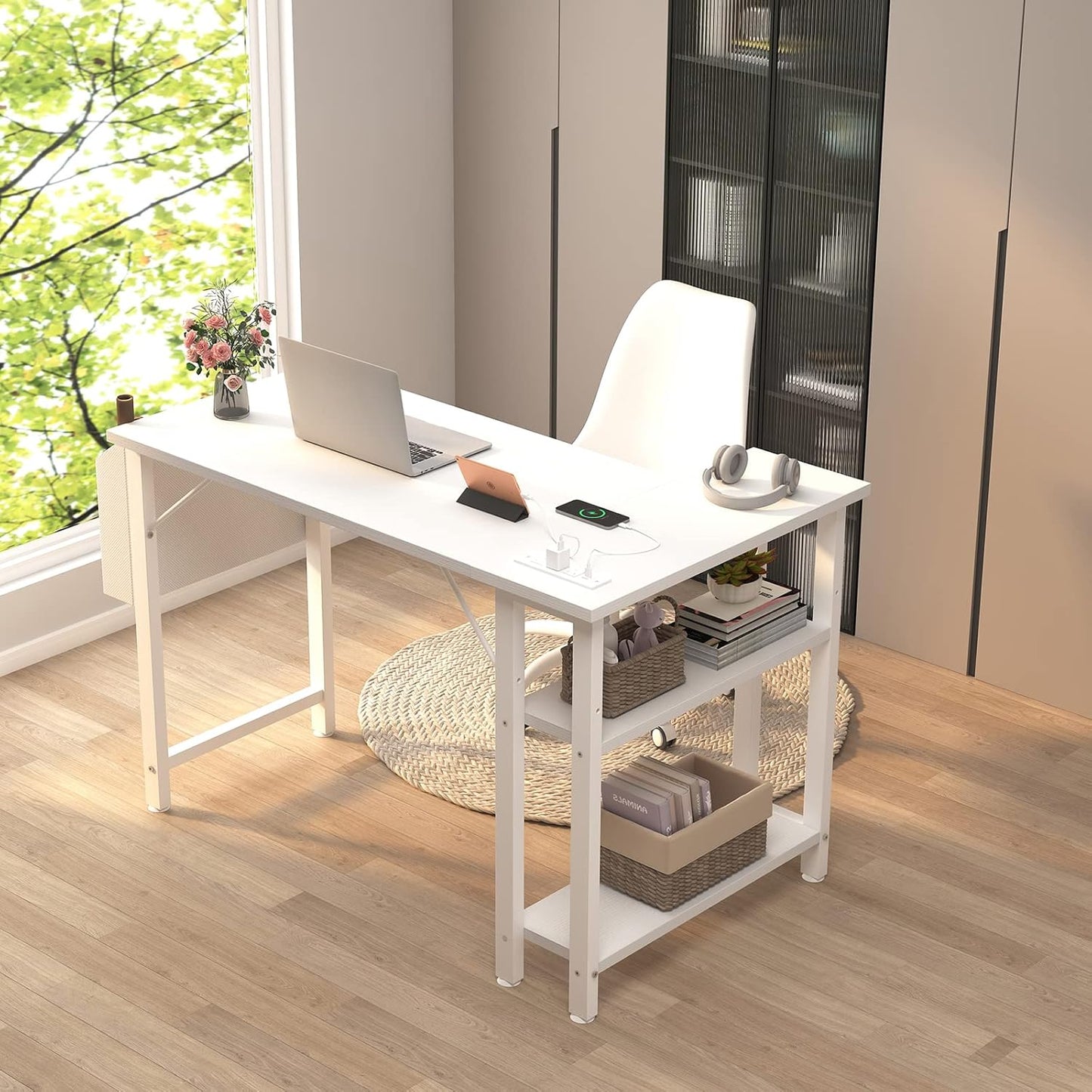 Lufeiya White L Shaped Computer Desk with Power Outlet Shelves, 40 Inch Small Reversible Corner Desk for Small Space Home Office, L-Shaped Desk PC Desks, White