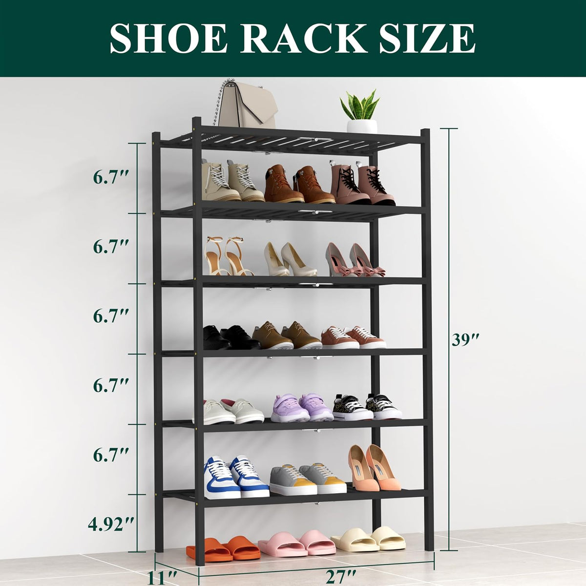 Smiry Bamboo Shoe Rack, 14 Vertical Slats, 6 Tier - 26.8" Wide, Black