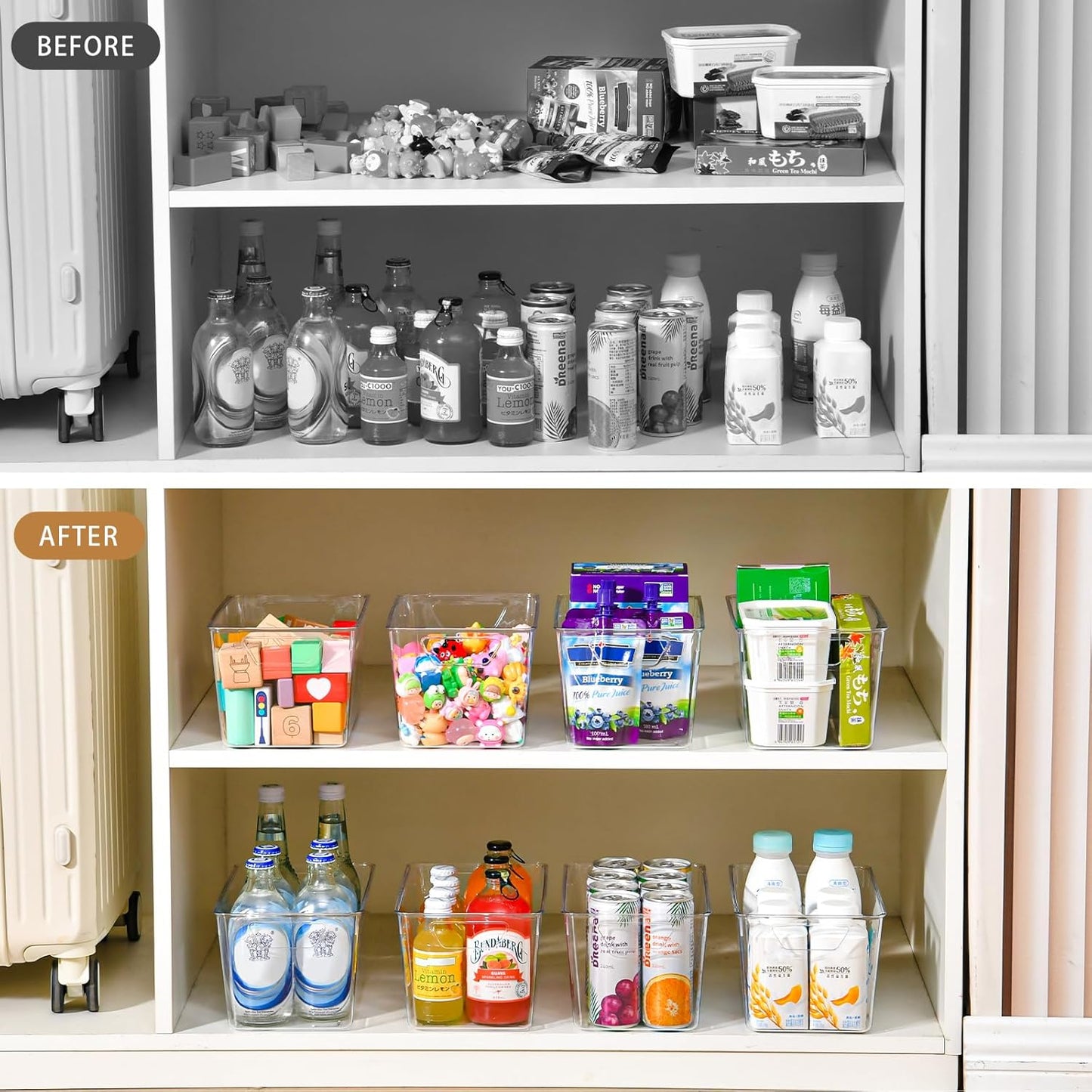 Freebat 12 Pack Middle Organizers and Storage, Pantry Organization and Storage Bins, Cabinet Organizer, Clear Plastic Storage Containers with Handle，Acrylic Storage Bins for Cabinet, Fridge