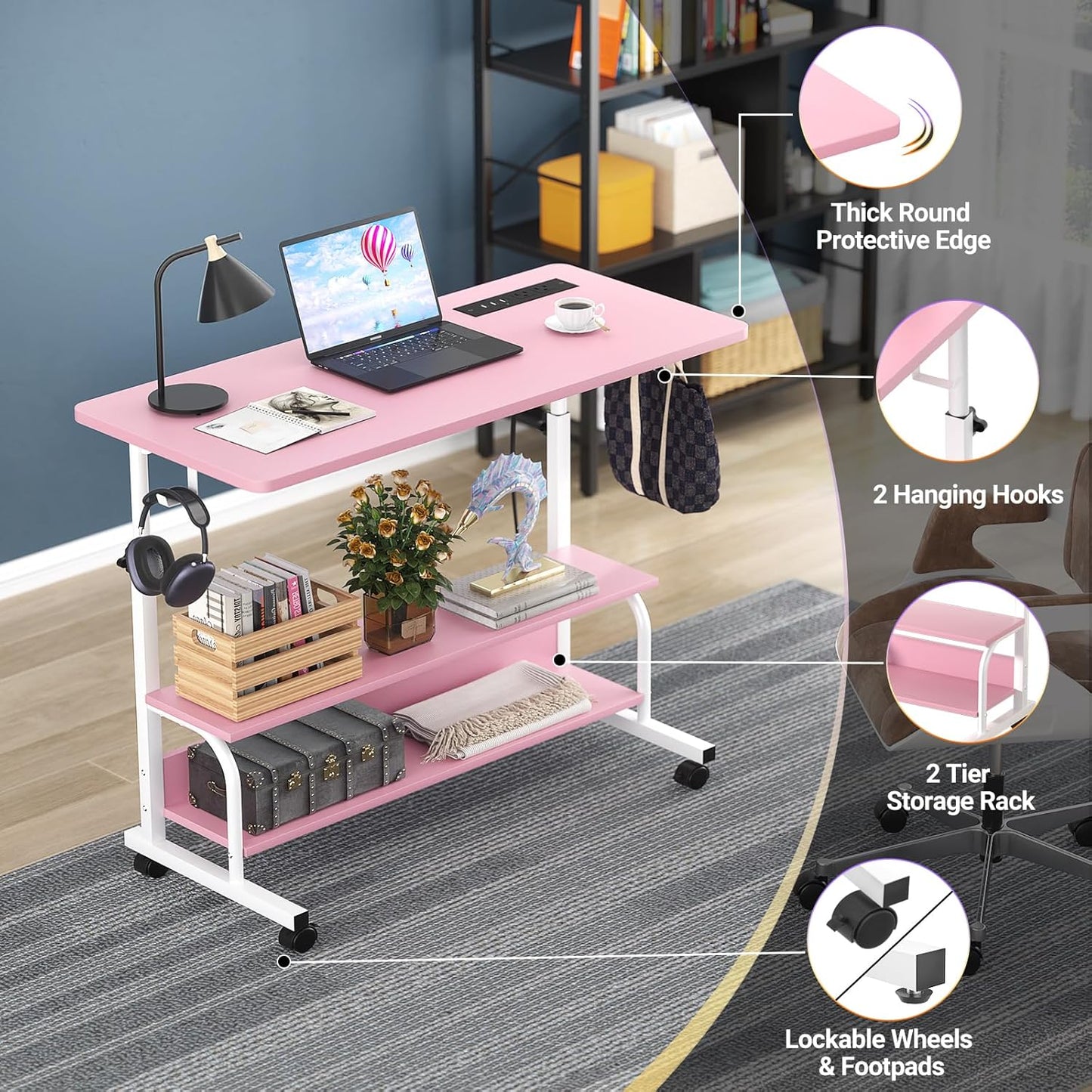 Armocity Rolling Standing Desk with Charging Station, Portable Height Adjustable Mobile Computer Desk with Wheels & 2-Tier Shelves & Hooks, Easy Assembly Laptop Table for Couch Bed, 32" Pink