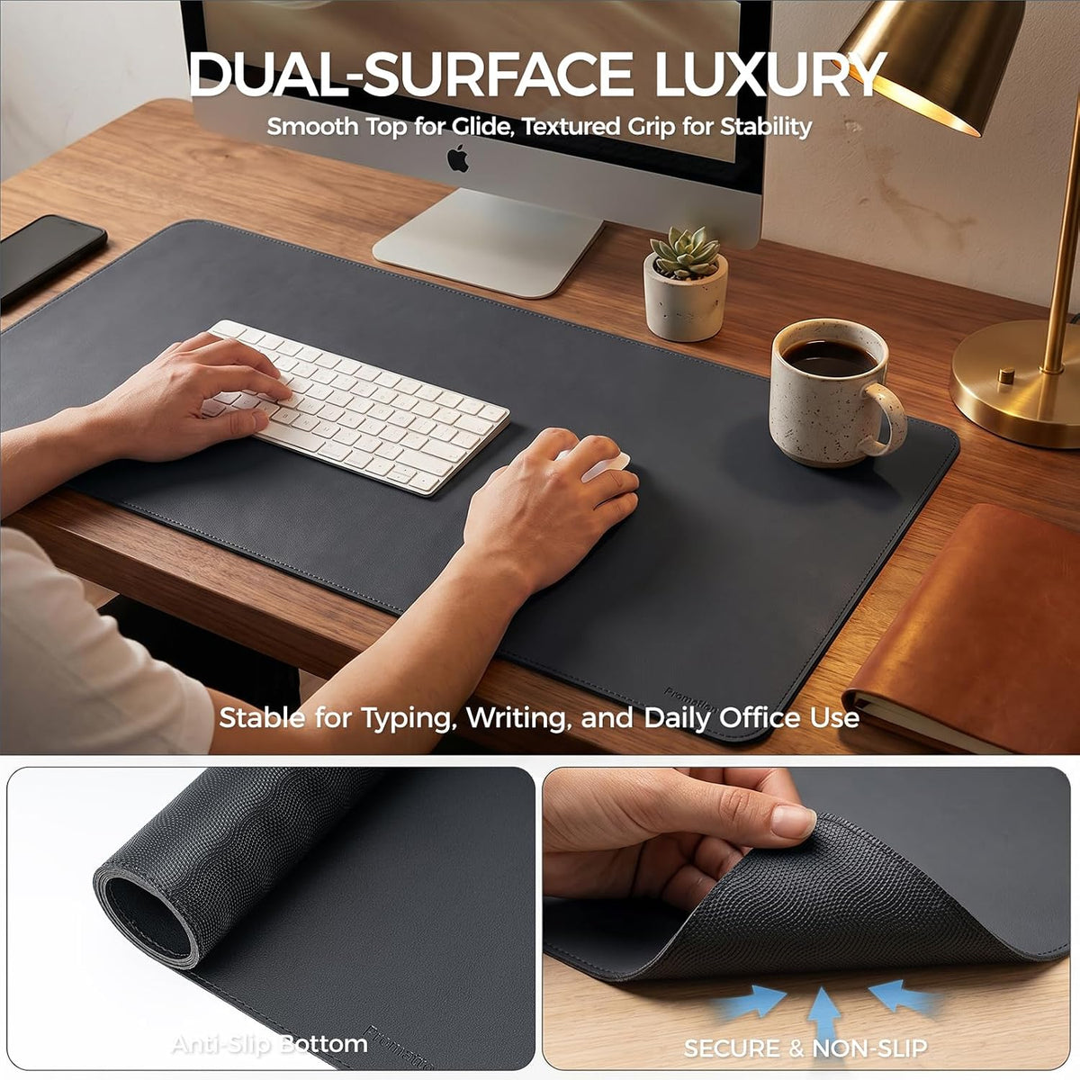 Large Desk Pad Non-Slip Desk Mat Protector for Keyboard Mouse Waterproof Vegan Leather Surface Faux Leather Laptop Mat Smooth Mouse Pad Premium Gift Tube Obsidian Black 39" x 17"