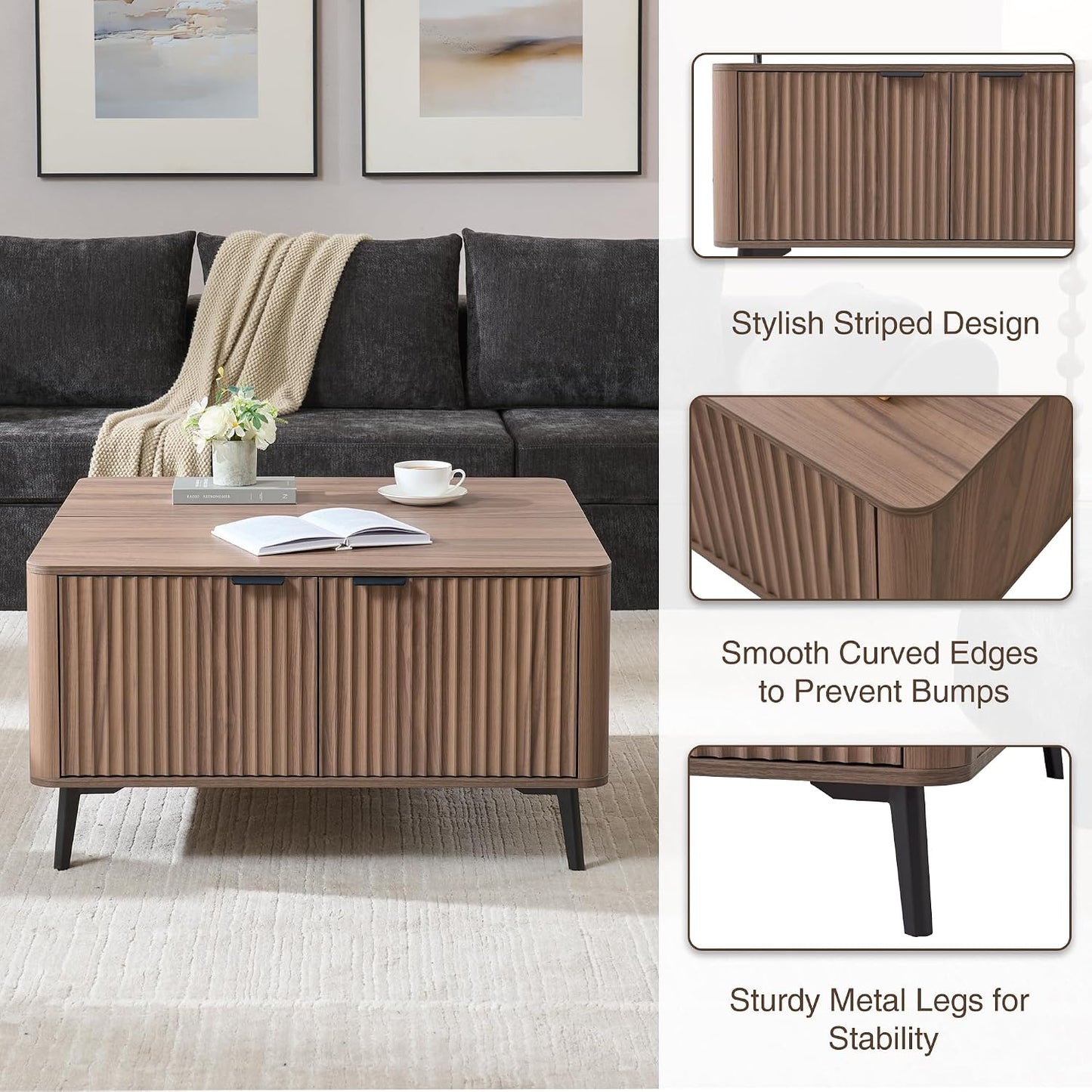 Fatmok Large Lift Top Coffee Table with Hidden Compartment, 35.4" Wide Oversized Square Coffee Table with Storage, Mid Century Modern Fluted Center Table for Home Living Room, Brown