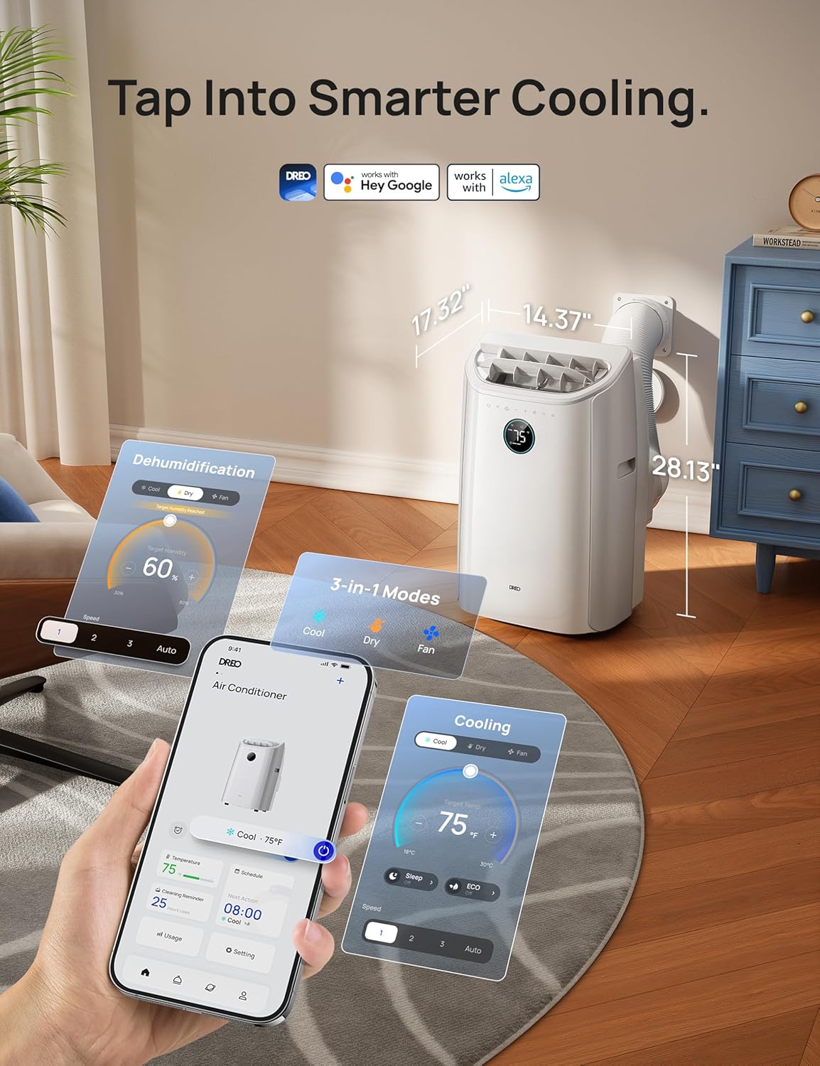 DREO Portable Air Conditioner 515S, 12000 BTU ASHRAE (8000 BTU DOE) Smart AC Unit for Bedroom with Drainage-free Cooling, Fan&Dehumidifier 3 in 1, APP/Voice/Remote, Quiet Standing AC for Room Indoors