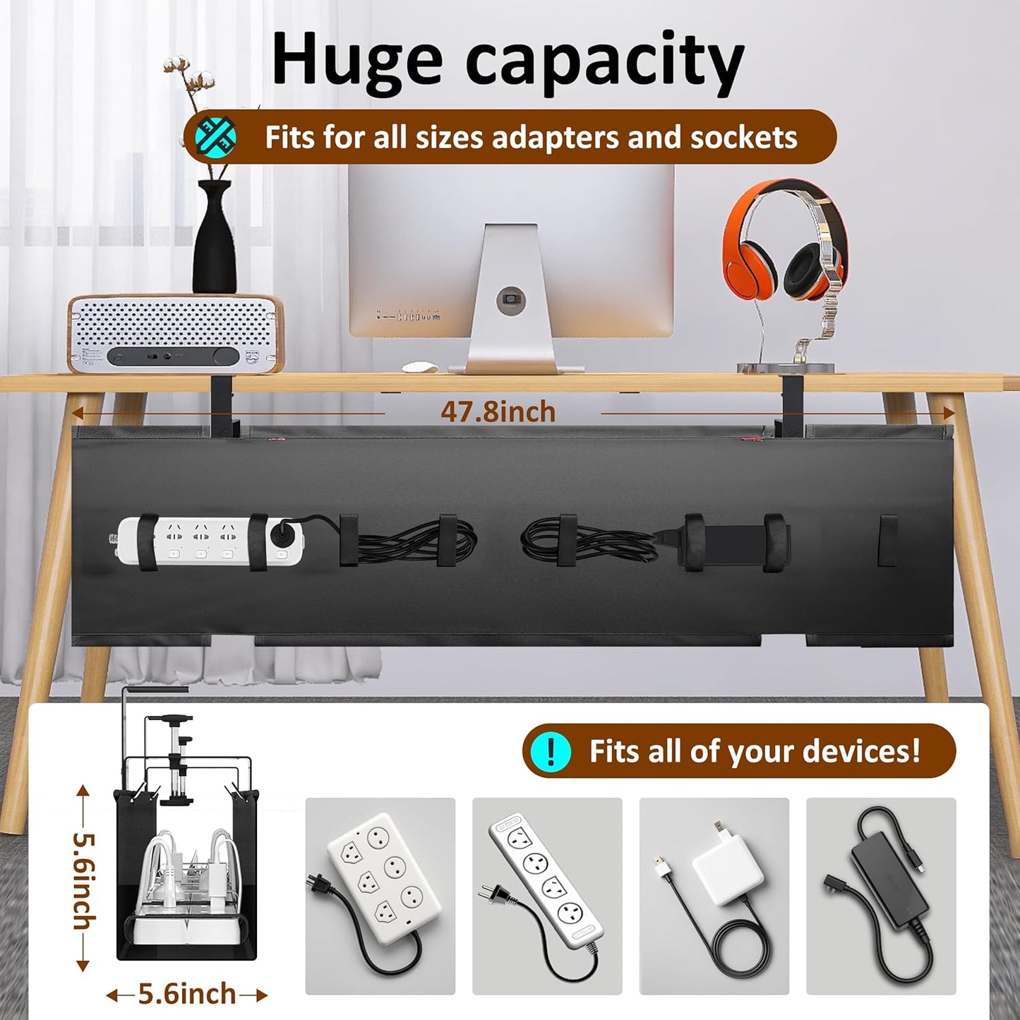 48" Gaming Under Desk Cable Management Tray, Black No Drill Cord Organizer for PC Setup, Large Anti-Sag Wire Hider, Stealth Cable Management Net for Battlestation (Black, 47.8")