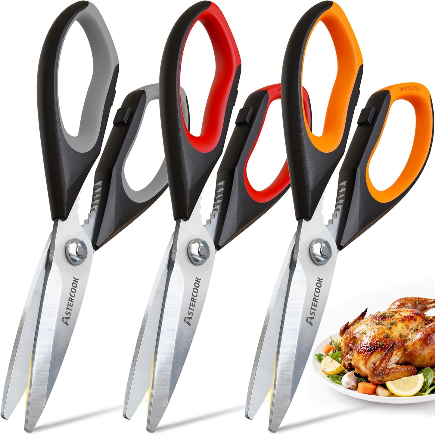 Astercook Kitchen Scissors 3 Pack, Heavy Duty All Purpose Kitchen Shears for Food and Packaging, Stainless Steel Food Scissors for Meat, Poultry, Herbs and Vegetables, Dishwasher Safe