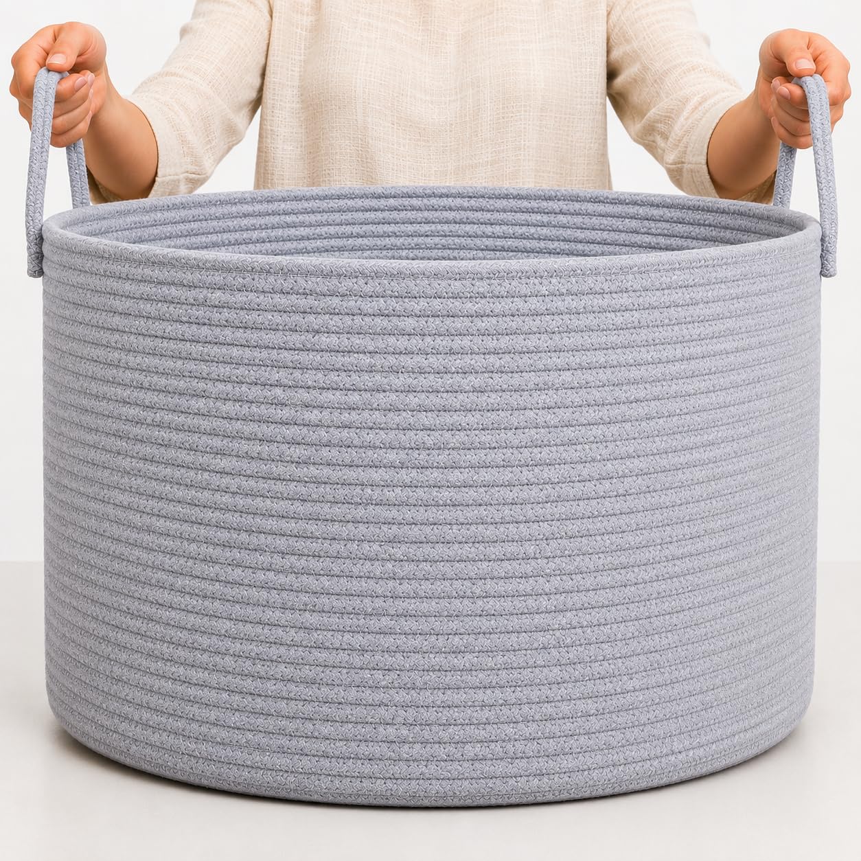 OrganiHaus Round Toy Basket & Blanket Basket, Cotton Rope 20x13" | Full Gray - Round Cotton Rope Basket, 20x13"