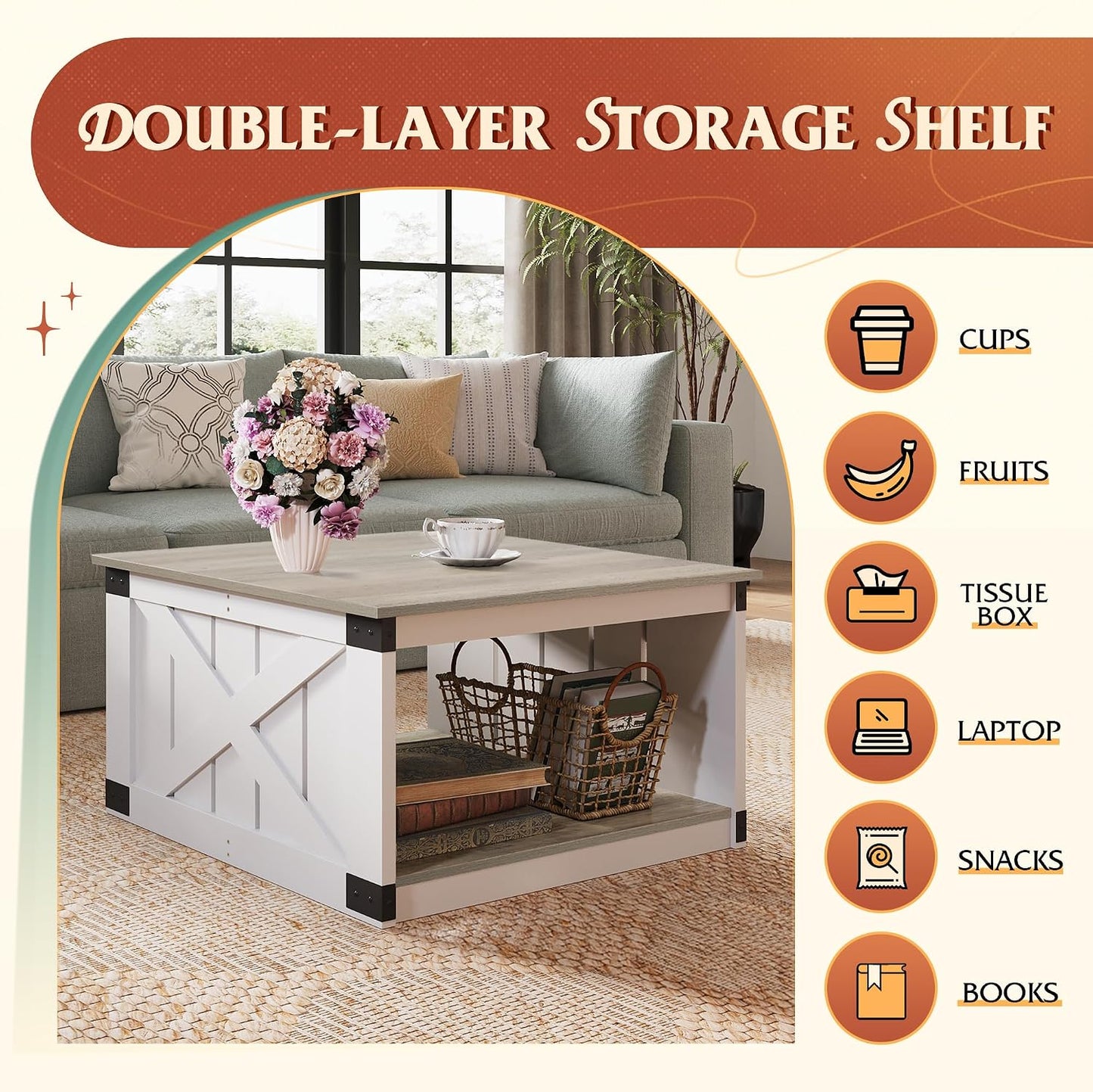 WLIVE Coffee Table, Farmhouse Coffee Table with Open Storage, 31.5" Wood Square Living Room Tables, Rustic Dining Cocktail Center Table for Living Room, White