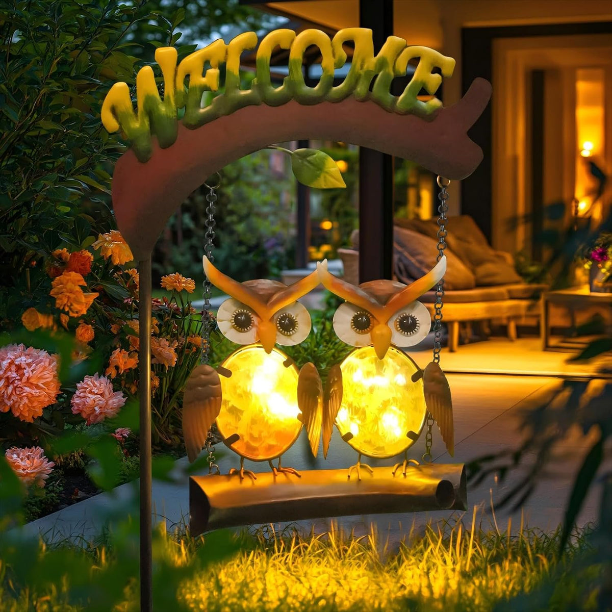 HONGLAND Solar Lights Outdoor Decor, Owl Swing Garden Decor, Owl Gifts for Women Mom, Whimsical Garden Lights Outdoor Decorations with Welcome Sign for Outside Patio Yard Lawn Decor-48inch