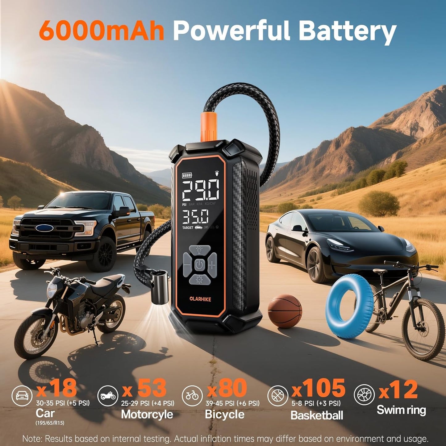 OlarHike Tire Inflator Portable Air Compressor, Lightning-Fast Inflation, Dual Power - 6000mAh & 12V DC, Cordless Air Pump for Car Tires, Bikes, Motorcycle, Balls with LED & Digital Pressure Gauge