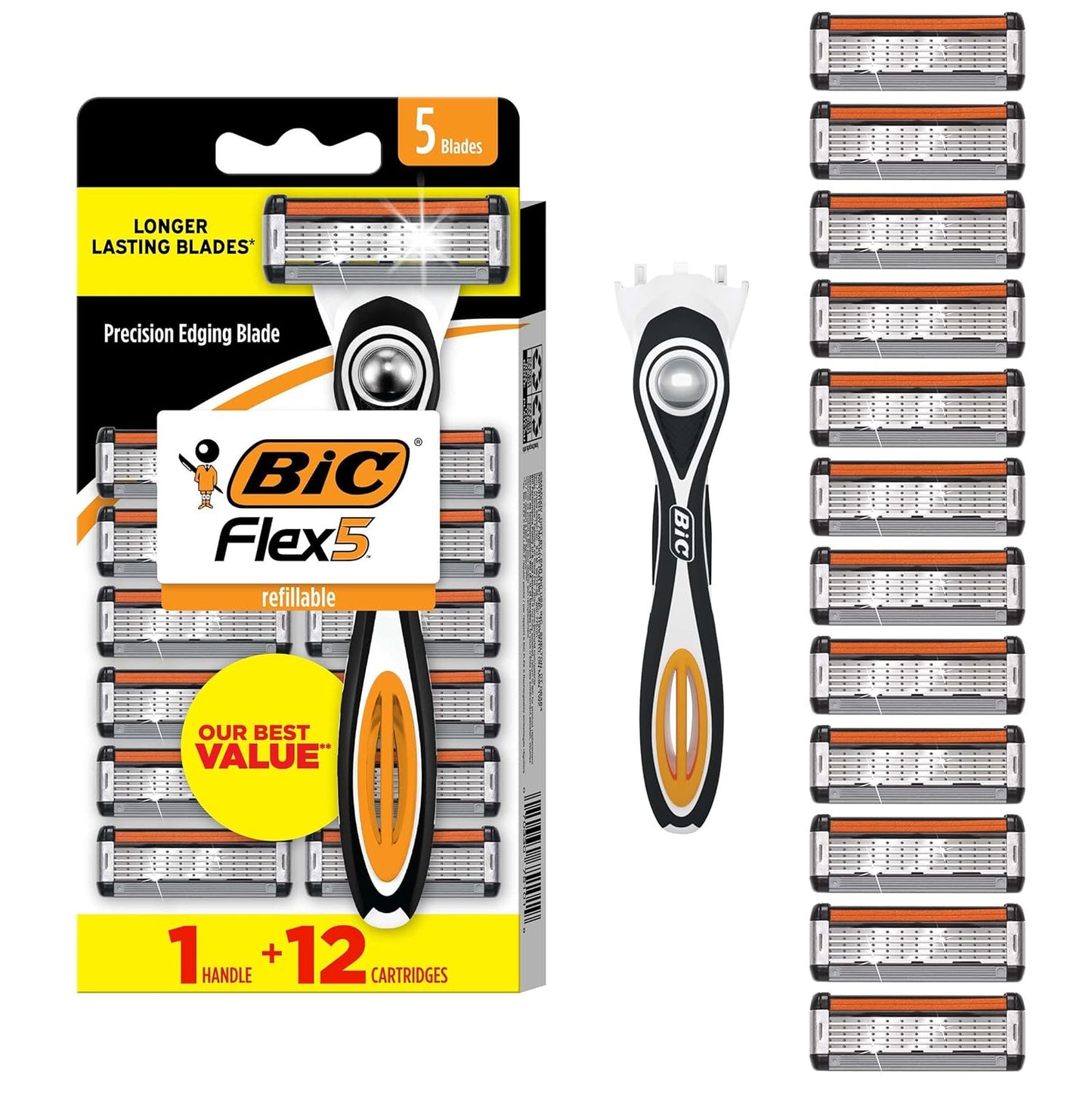 BIC Flex 5 Men's Refillable 5-Blade Razors with 1 Handle and 12 Cartridges, Smooth Shave Kit with Precision Edging Blade, College Dorm Room Essential, Shower Caddy and Toiletry Bag Ready