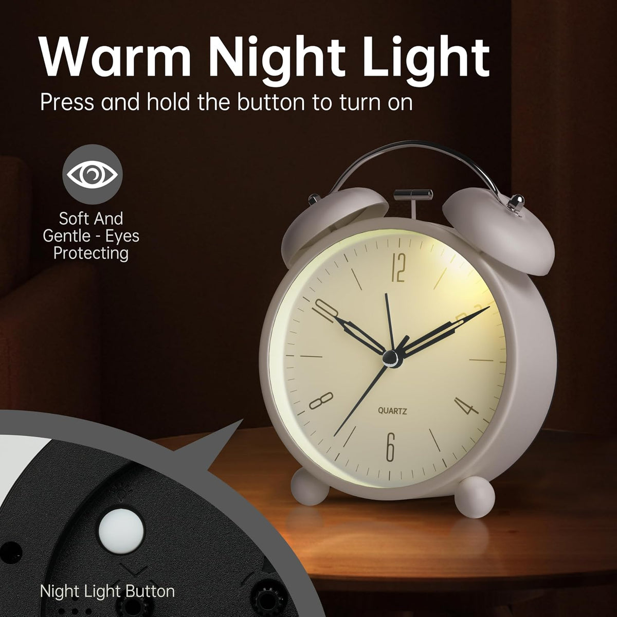 Twin Bell Loud Alarm Analog Alarm Clock, 4 inch Super Silent Non Ticking Small Clock with Night Light, Battery Operated, Simple Design, Old Fashioned, for Heavy Sleeper, Bedroom, Bedside, Desk, White