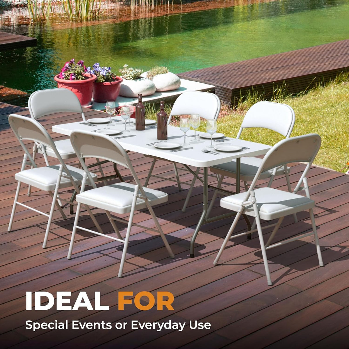 Our Modern Space 4 Pack Leather Chair | Foldable & Stackable | 350 lbs Capacity Steel Frame Seats for Indoor or Outdoor | Commercial Use Events Wedding Party Events Bulk Picnic Kitchen Dining - White