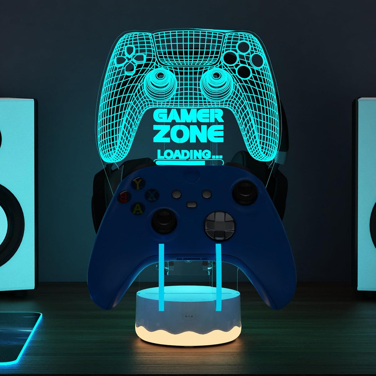 CoolGift Mart Light up Headset and Controller Stand, 16 Colors 3D LED Lights Gamepad Headphone Holder with Remote Control, Game Controller Hanger for All Universal Gaming PC Accessories