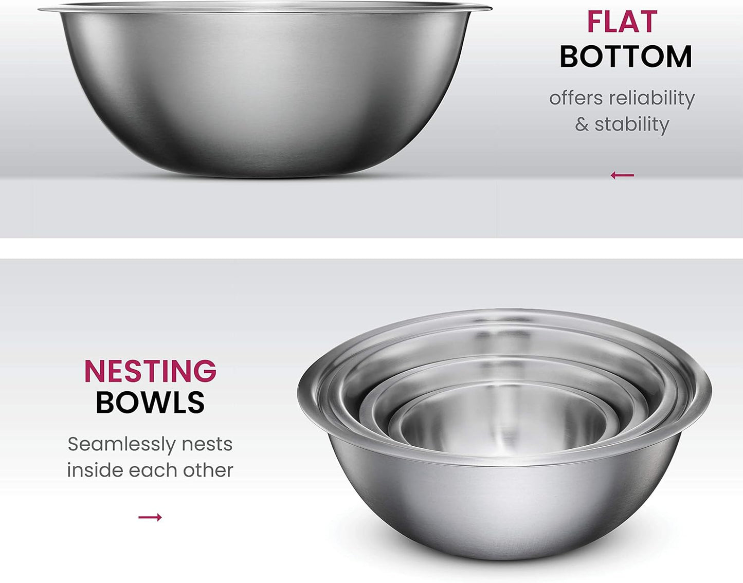 FineDine Stainless Steel Mixing Bowls Set, Dishwasher Safe, 6 Piece Metal Mixing Bowls For Kitchen, Nesting, Large, Small, Big Food Prep, Cooking, Baking