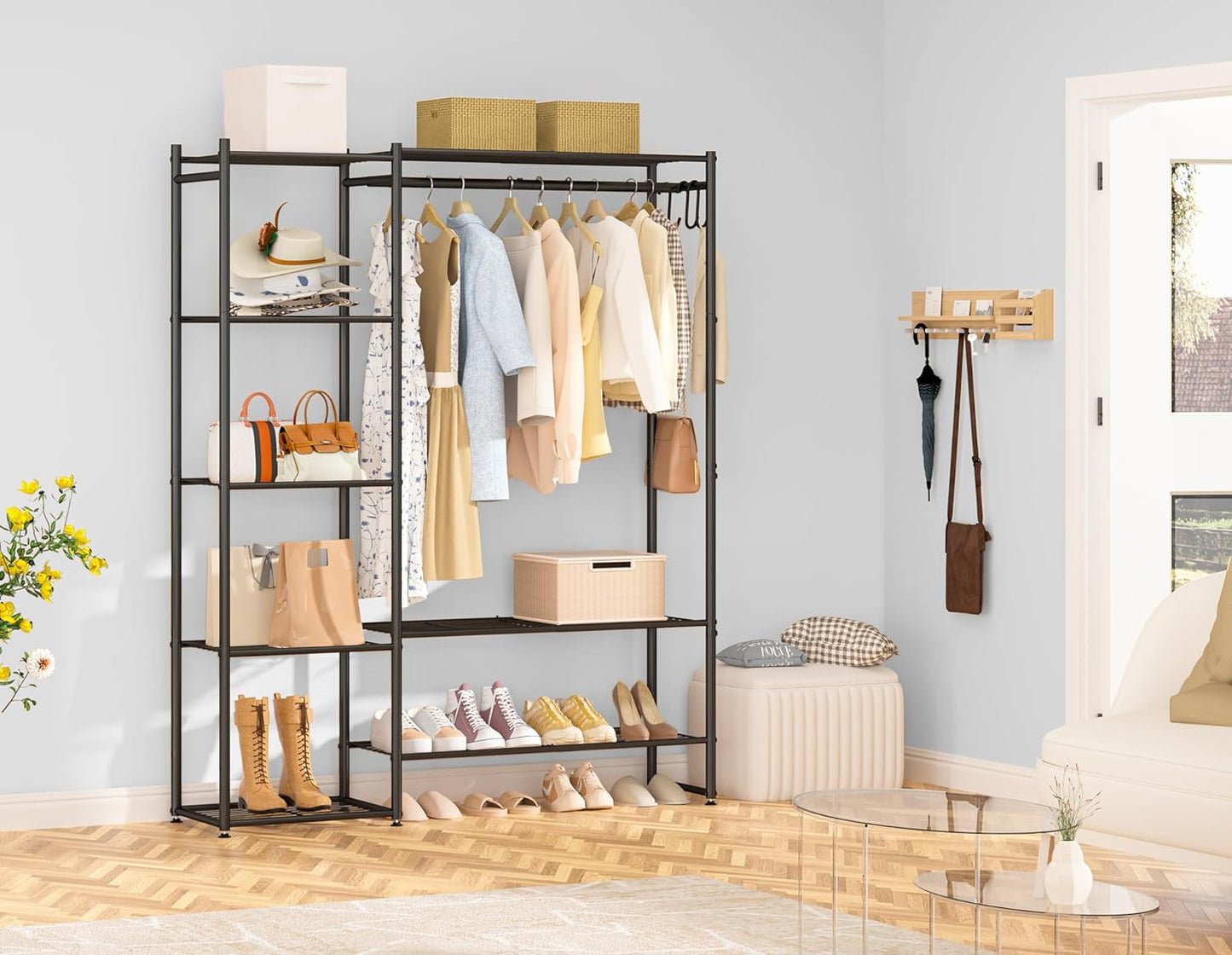 Neprock Wardrobe Closet, Portable Clothing Rack for Hanging Clothes, Free Standing Closet Organizers and Storage System with 4 Tiers Shelves for Cloakroom Bedroom, Black