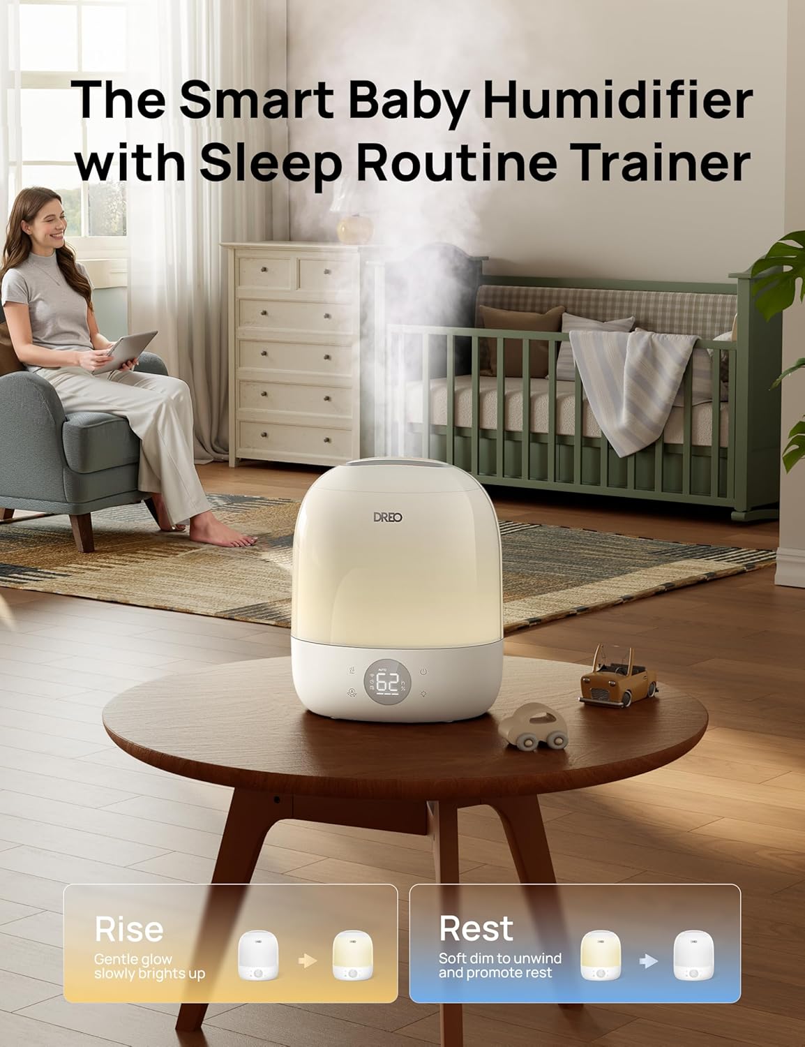 DREO Humidifiers for Bedroom - 30H Max Runtime & RGB Night Light & Sleep Trainer, Ultra Quiet 28dB Cool Mist Humidifier, Top Fill Smart Air Humidifier for Plants, Perfect for Baby & Nursery, HM409S