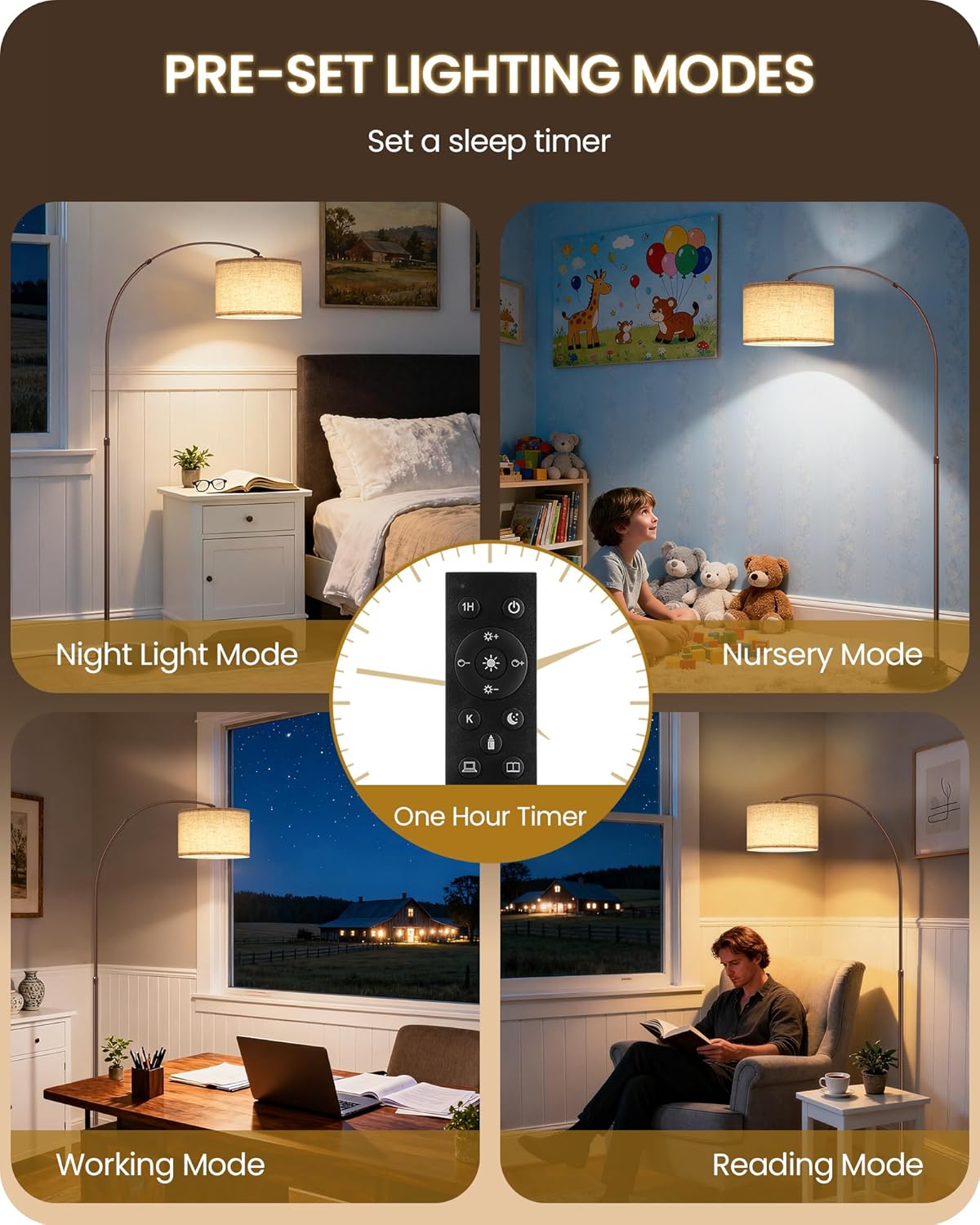 75" Arc Floor Lamp with Marble Base and Adjustable Height, Rotating Hanging Shade, Dimmable Floor Lamp for Living Room with Remote and Foot Switch, 3CCT, Over Couch Arched Light, Beige Brown VE15LD05