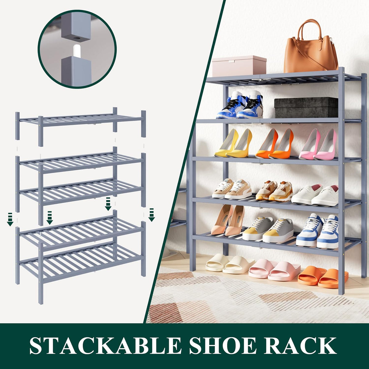 Smiry Bamboo Shoe Rack, 14 Vertical Slats, 4 Tier - 26.8" Wide, Grey