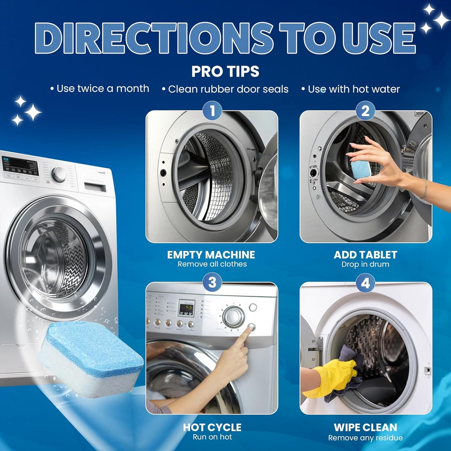 Washing Machine Cleaner Descaler Tablets 12 Pack (1 Year Supply) - Deep Cleaner for HE Front Load & Top Load Washers | Washing Machine Cleaning Tablets
