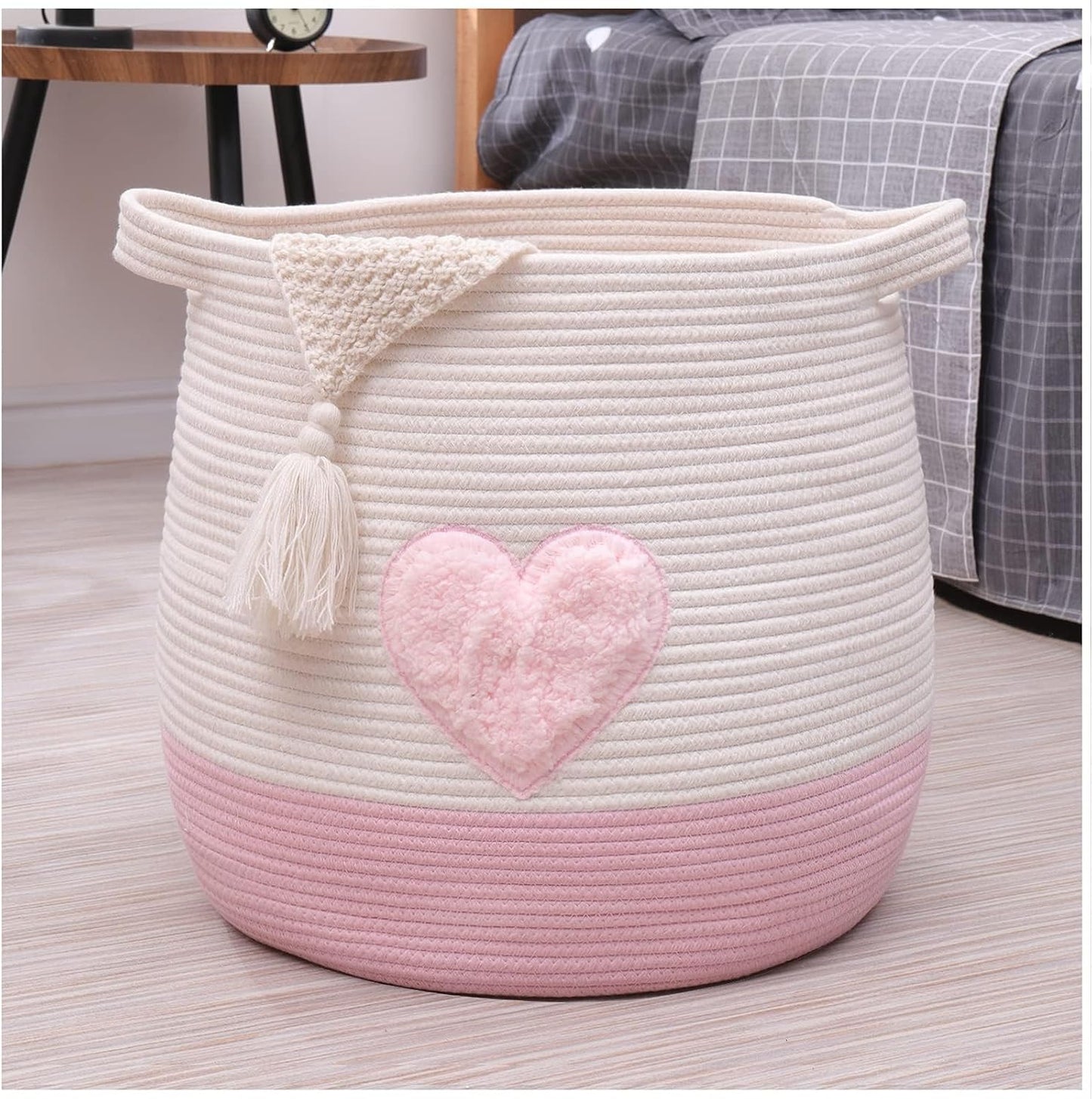 Large Cotton Rope Basket, Woven Storage Basket for Toy, Laundry and Blanket Organizer, Round Hamper Basket with Handles for Kid's Room 17.7"x16.9"