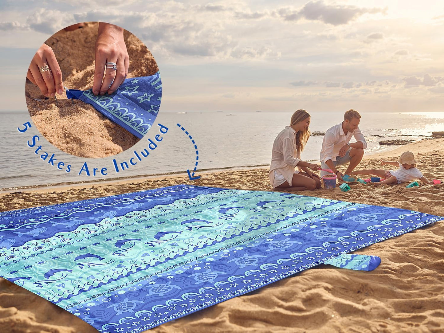 WEKAPO Beach Blanket Waterproof Sandproof Oversized Extra Large Sand Free Beach Mat with Stakes, Storage Bag - Essentials for Outdoor Beach, Picnic (Bohemian Sealife, 8 X 7 FT (1~4 Person))