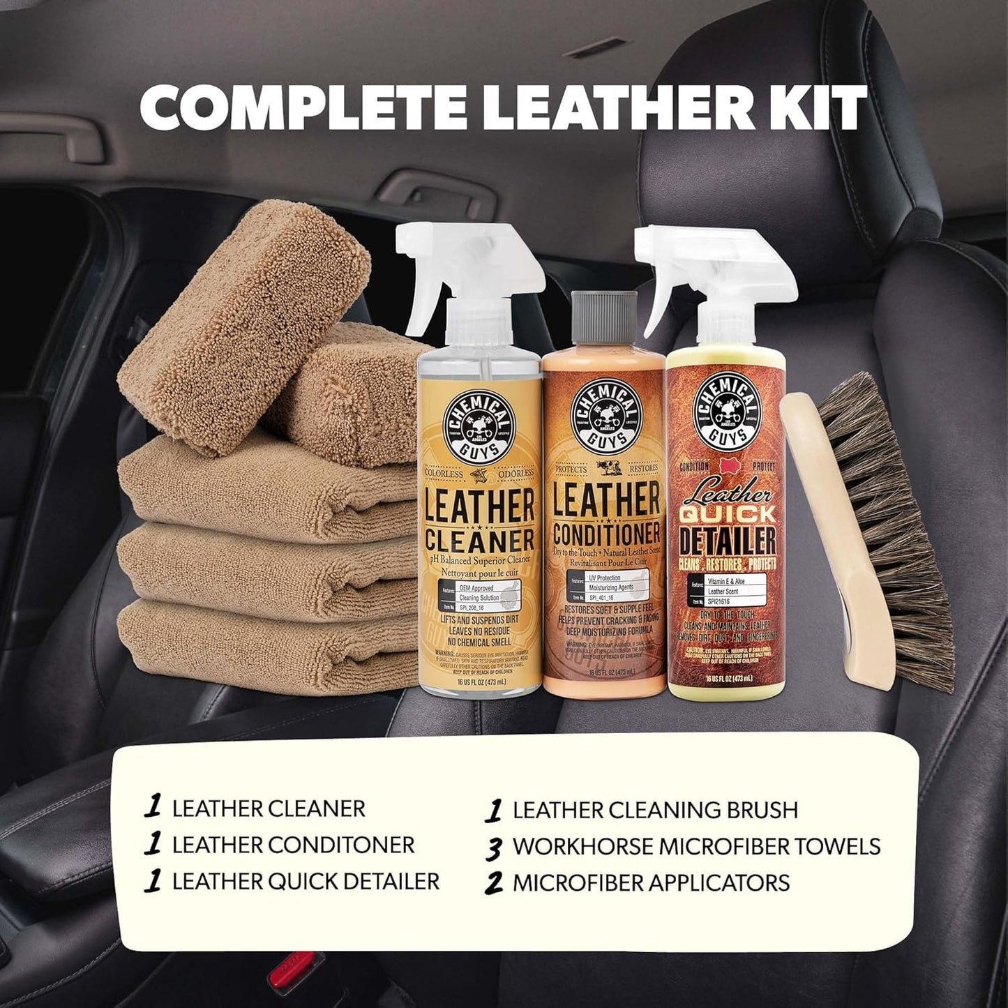 Chemical Guys Leather Cleaner and Conditioner Detailing Kit - Leather Care Kit For Natural, Synthetic, Faux, Pleather, and More for Car Interiors, Apparel, Furniture, Boots & Accessories - 9 Items