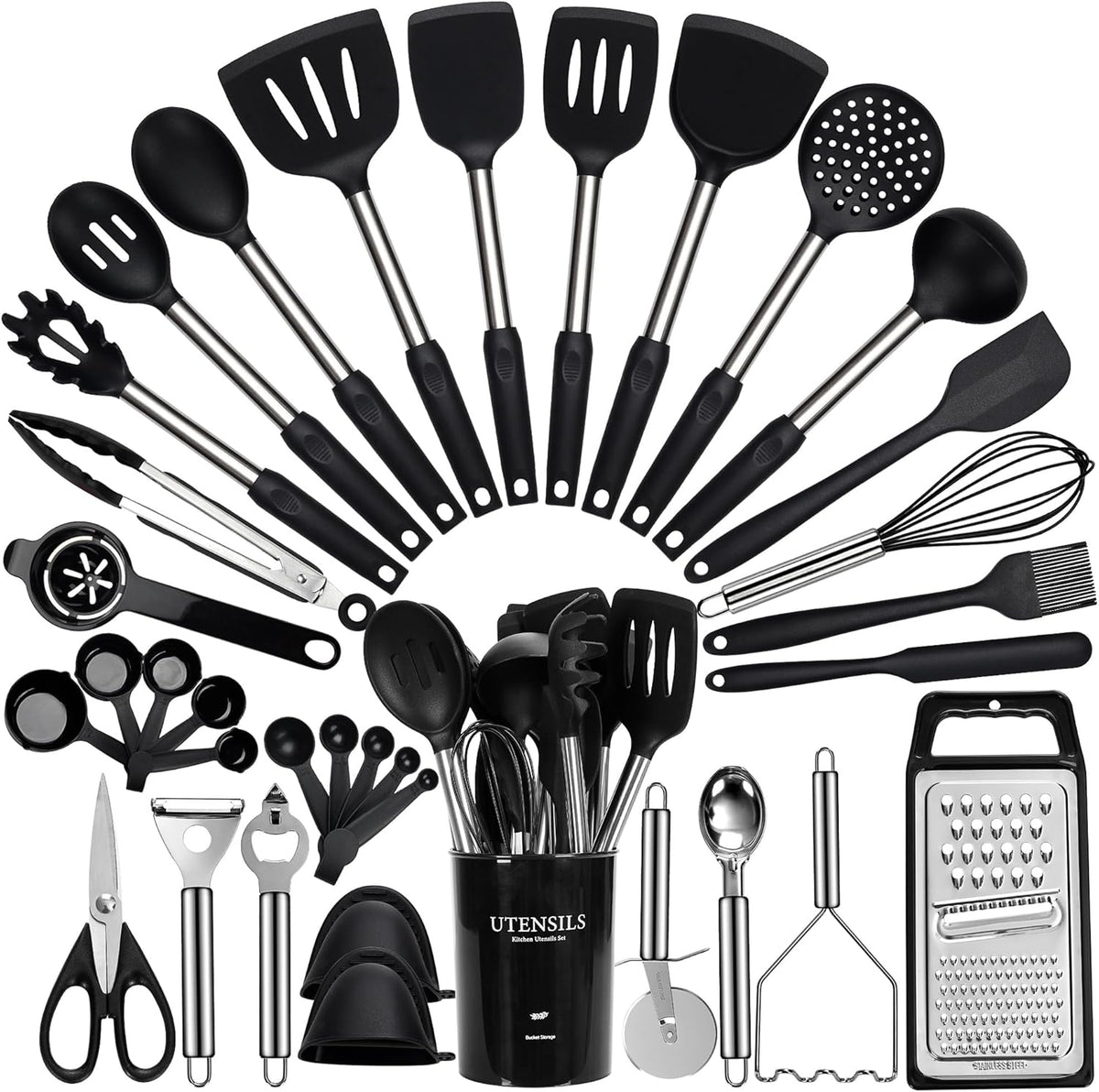 Cooking Utensils Set, 35Pcs Silicone Kitchen Utensils Set with Holder, 446°F Heat Resistant Food Grade Spatula Set, BPA Free Kitchen Gadgets for Non-stick Cookware, Easy to Clean (Khaki)