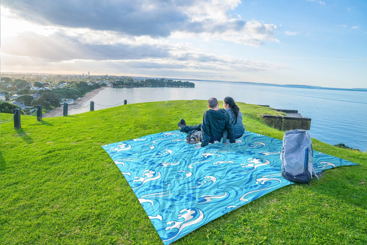 WEKAPO Beach Blanket Waterproof Sandproof Oversized Extra Large Sand Free Beach Mat with Stakes, Storage Bag - Essentials for Outdoor Beach, Picnic (Blue Ocean Waves, 8 X 7 FT (1~4 Person))