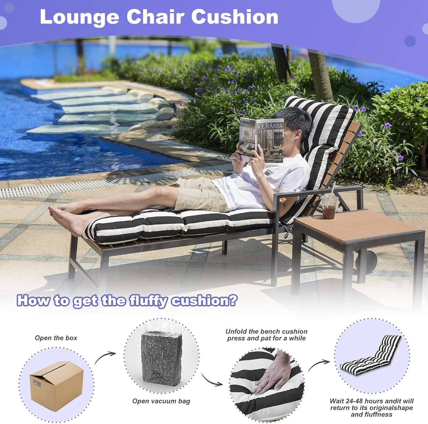 Outdoor Lounge Chair Cushions, 74.4 x 22 x 4.7 Inches Waterproof Fade Resistant Patio Cushion for Chaise Lounger