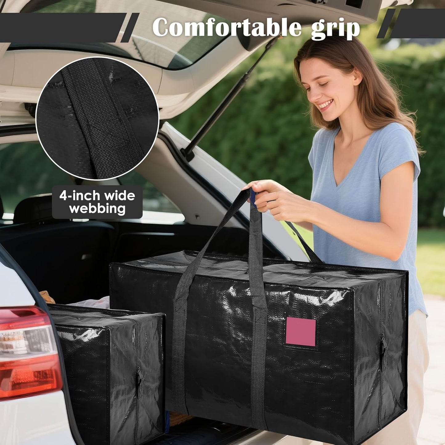 6 Pack Moving Bags with Full-Open Side Zipper, Extra Large 93L Heavy Duty Waterproof Foldable Storage Totes for College Dorm, Moving & Home Organization Black