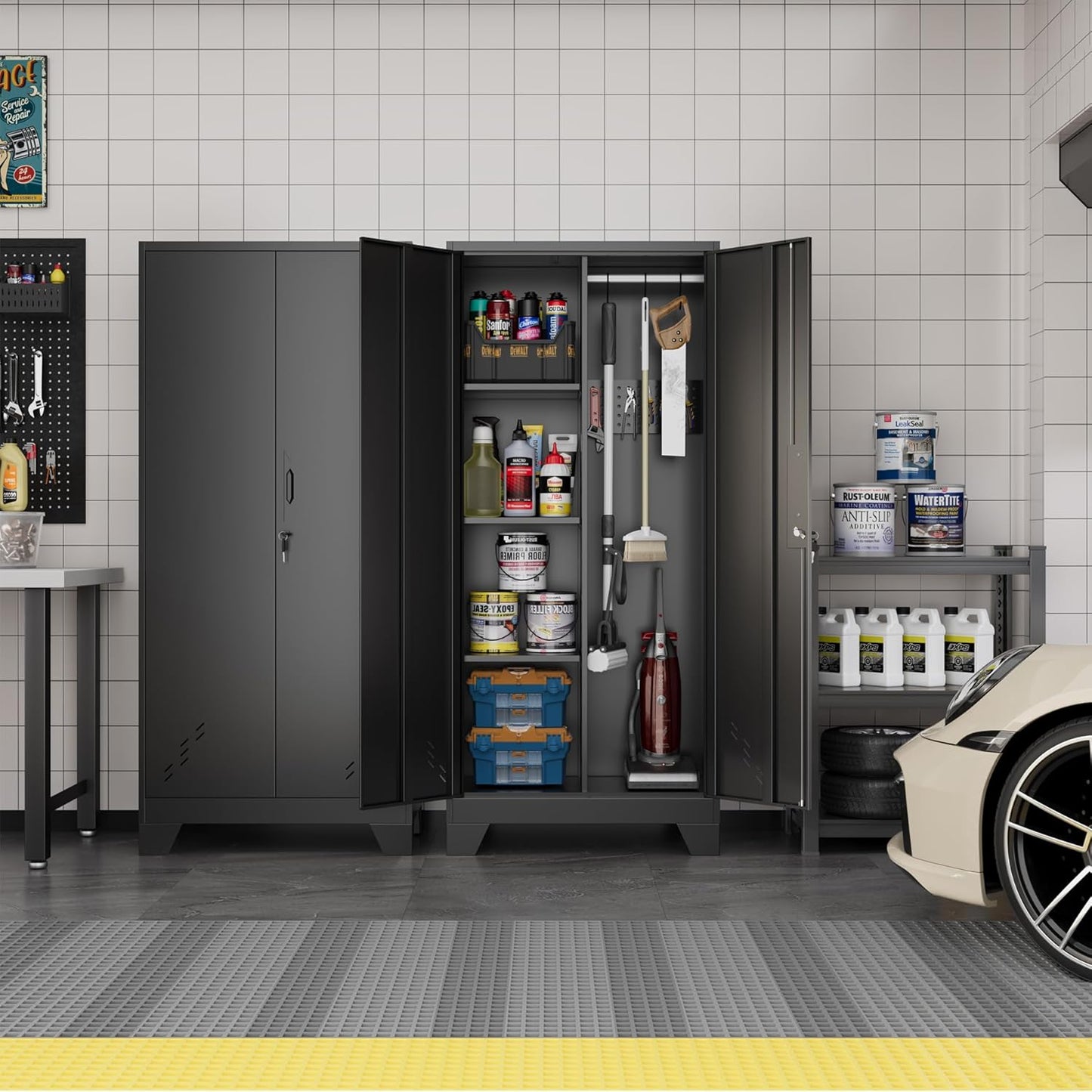 OSEILLC Metal Storage Cabinet with Locking Doors, 61" Tall Garage with Hanging Rod, Broom Closet, Freestanding Bathroom Storage Cabinet, Cleaning Tool,Utility Cabinets for Storage Locker,Black
