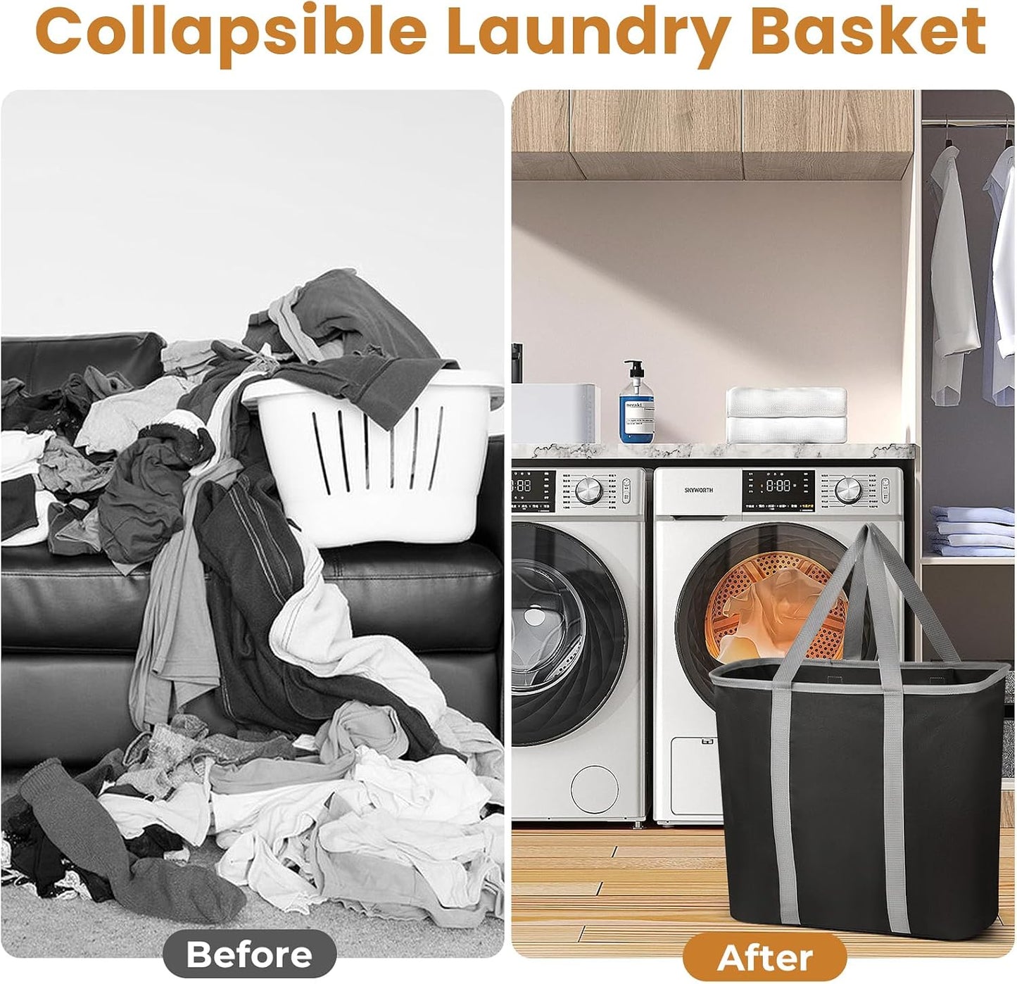 JOMOLA Collapsible Laundry Basket, Large Folding Clothes Hamper Bag, Fabric Laundry Tote Carry All Bin XL Pop Up Baskets with Handles, Waterproof Clothes Storage Basket for Bathroom, Family Black