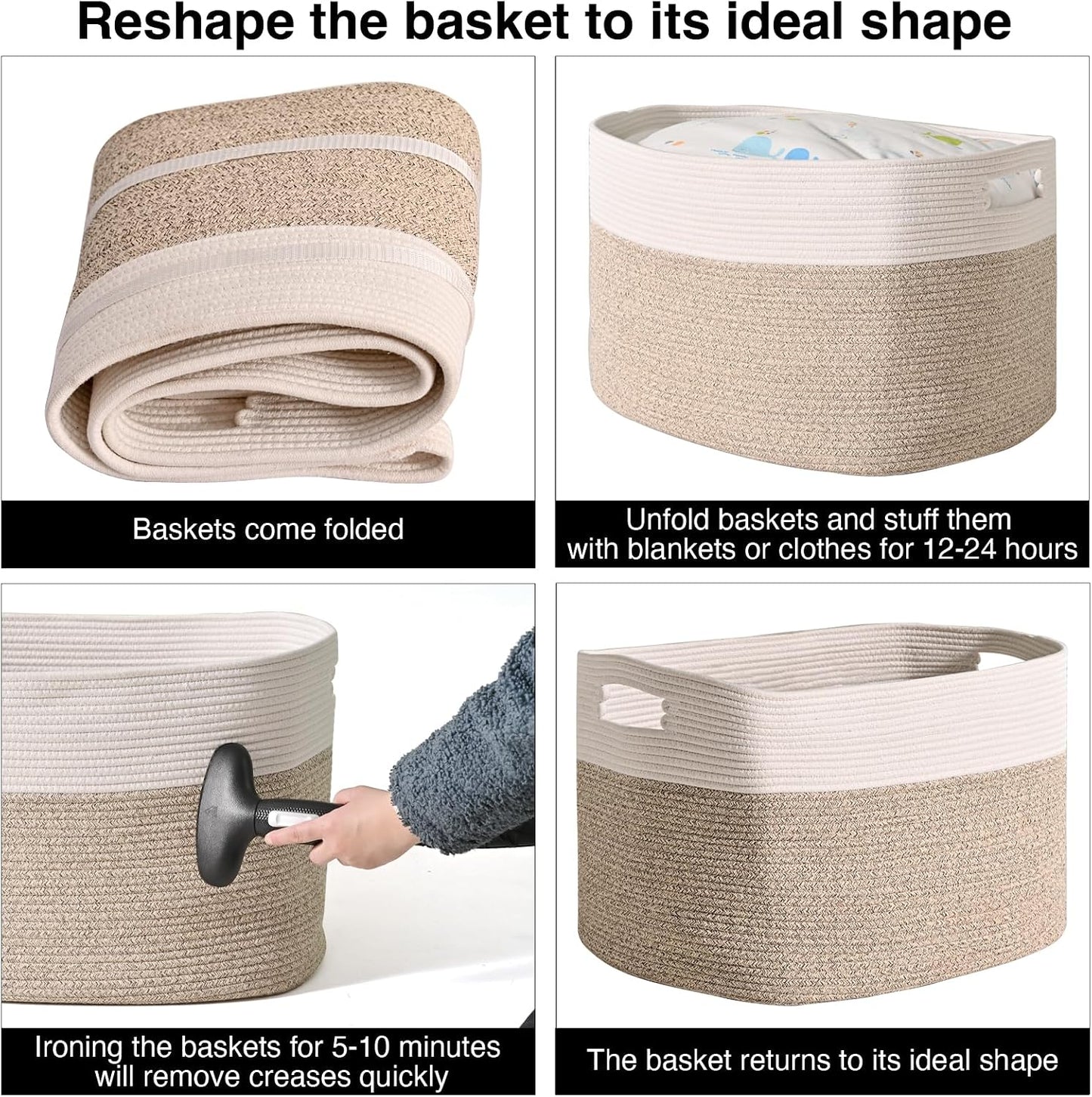 ICERZCZ Extra Large Blanket Basket for Living Room, Rectangle Woven Cotton Rope Storage for Blankets, Toys, Clothes, Shoes, 25”x16”x16”, Off White & Brown, 108L