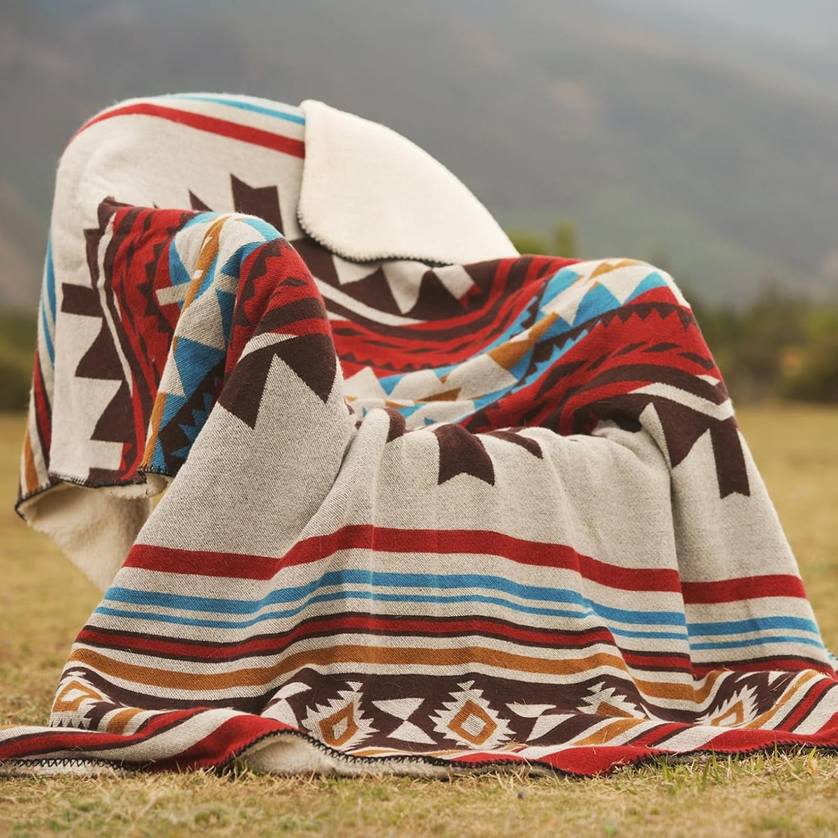 Aztec Throw Blanket with Soft Sherpa Lining, Traditional Southwestern Navajo Tribal Style Warm Throw for Camping, Outdoor, Cozy Boho Blanket for Couch, Sofa, Bed, 50"x60", Red