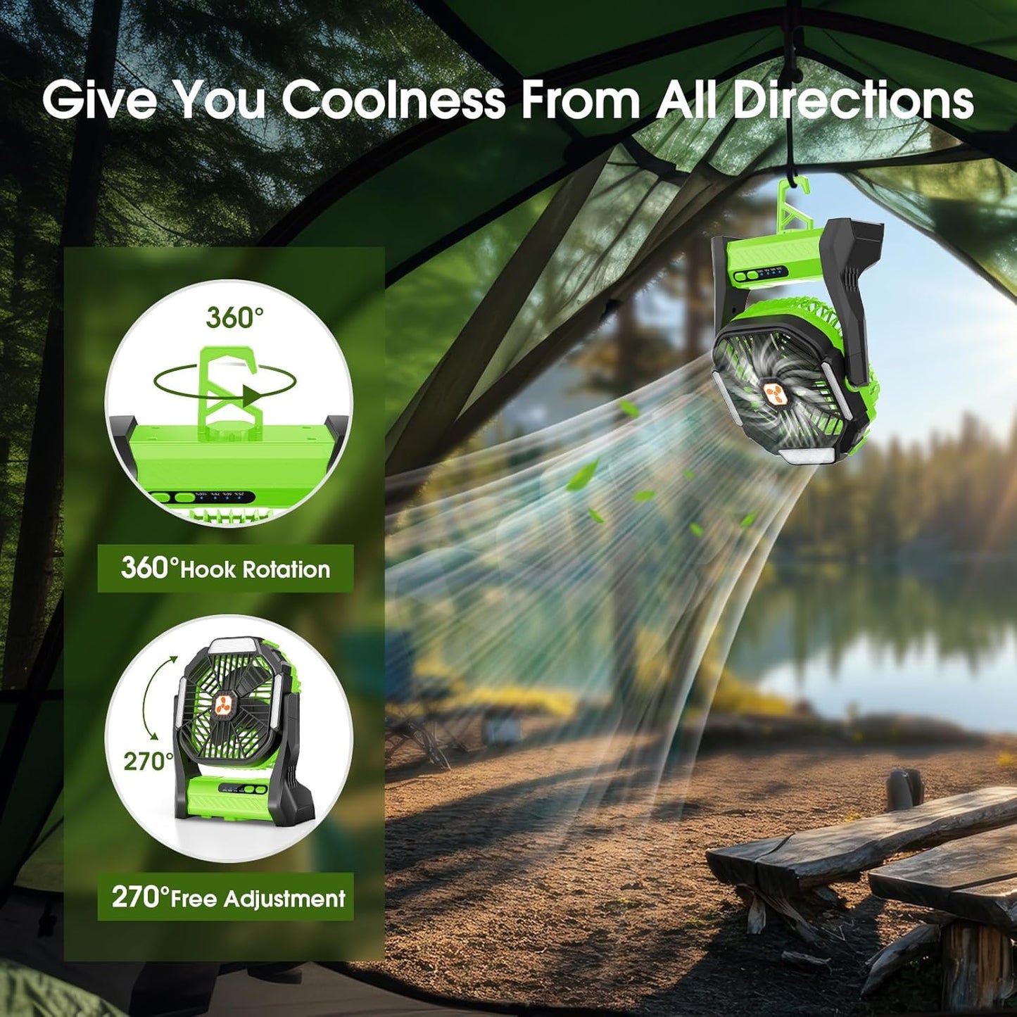 Portable Rechargeable Fan, 20000mAh Cordless Battery Powered Camping Tent Fans with SOS & LED Lantern, Small USB C Operated Outdoor Ventilador for Travel Camp Fishing Bedroom Power Outage Emergency
