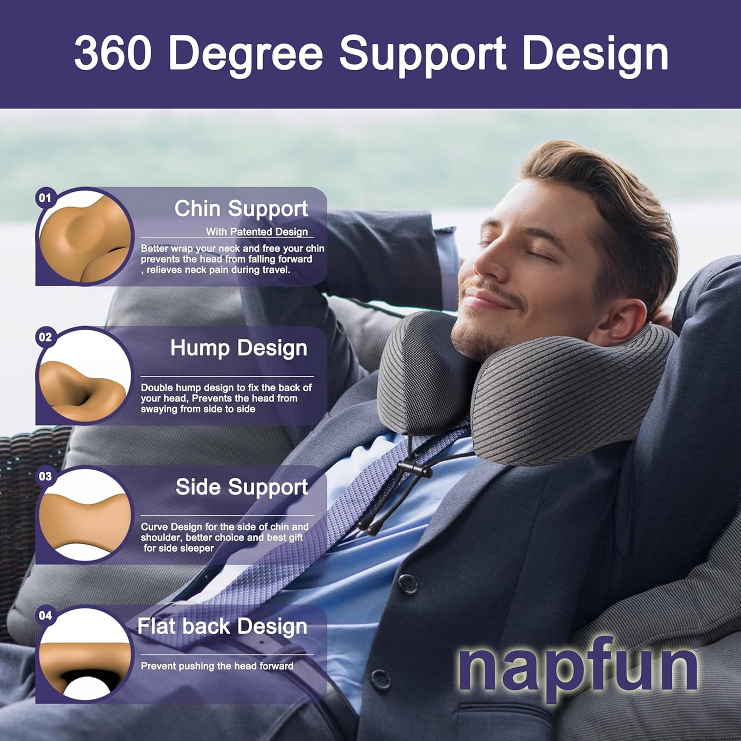 napfun Neck Pillow for Traveling, Upgraded Travel Neck Pillow for Airplane 100% Pure Memory Foam Travel Pillow for Flight Headrest Sleep, Portable Plane Accessories, Dark Gray