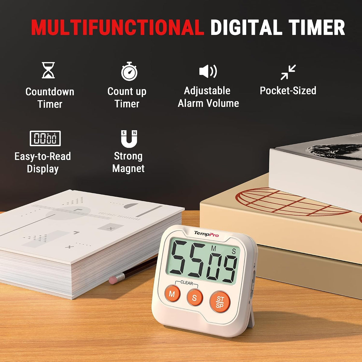 TempPro TM03 Digital Timer with 2 Alarm Volume & Strong Magnetic Back